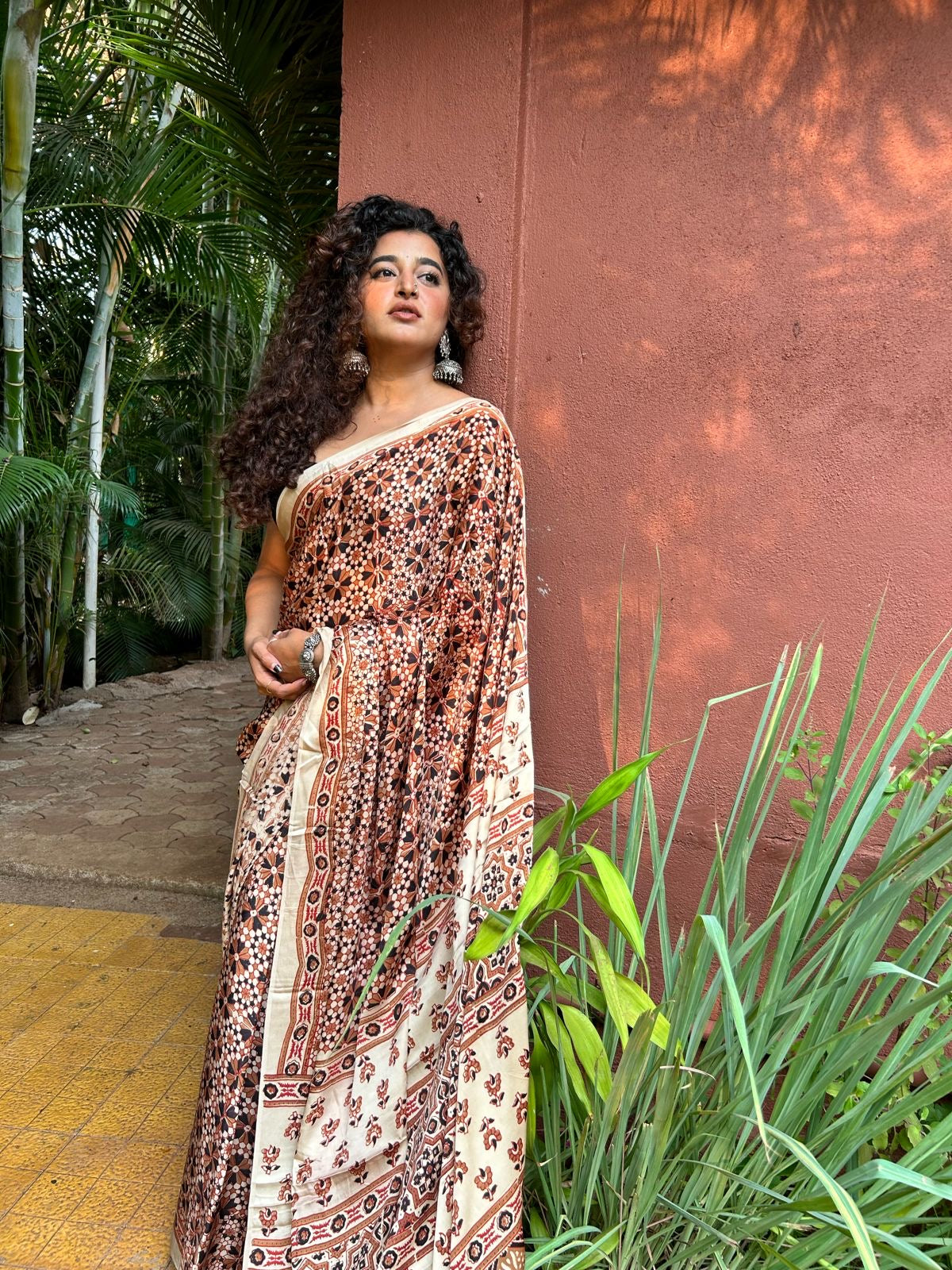 Modal Silk Ajrakh Saree - Cream