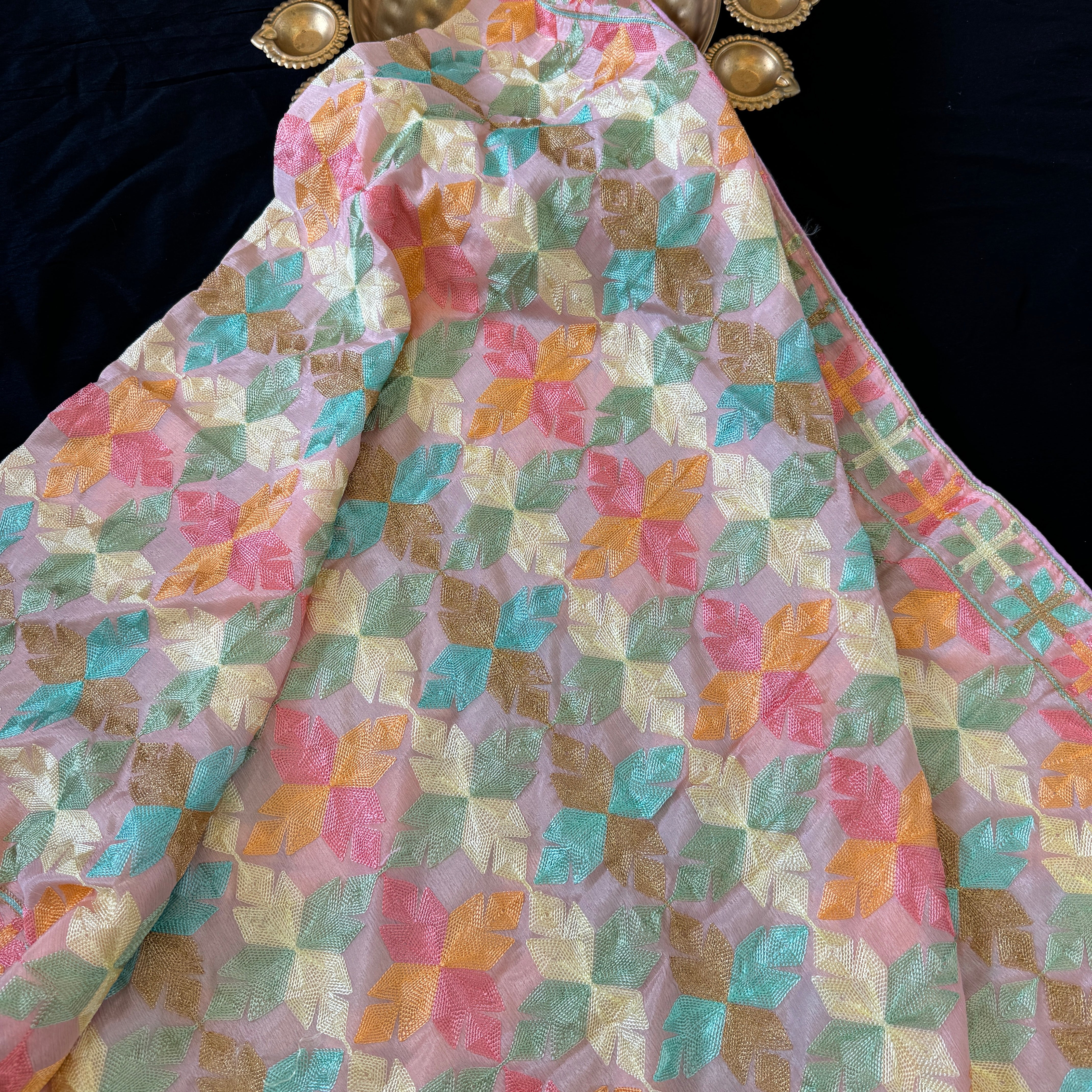 Phulkari Chinnon Dupatta - Onion Pink Multicolour