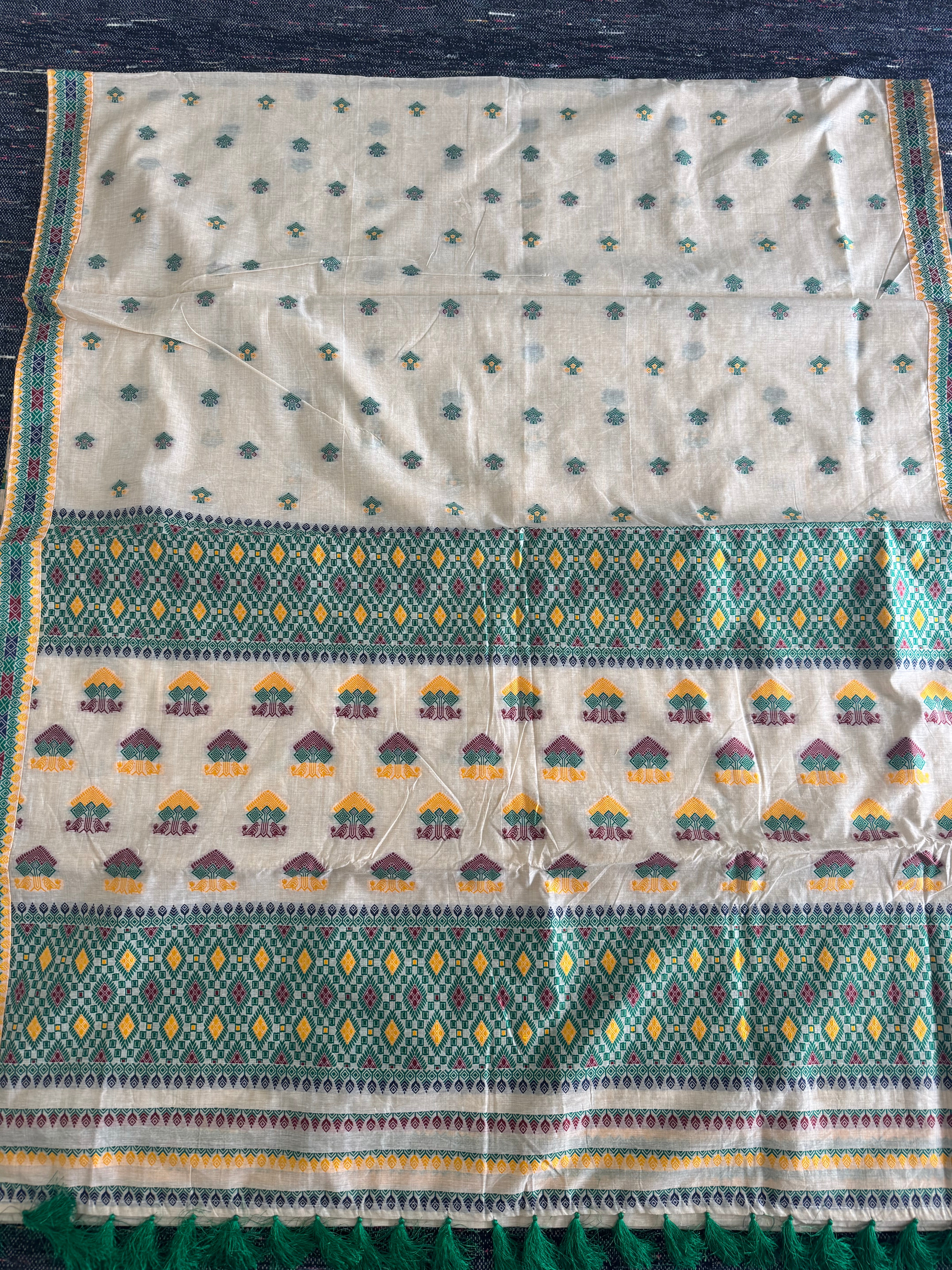 Assam Mugasilk Silk Saree in Golden Muga Color with Ancient Authentic Design With Green Weave