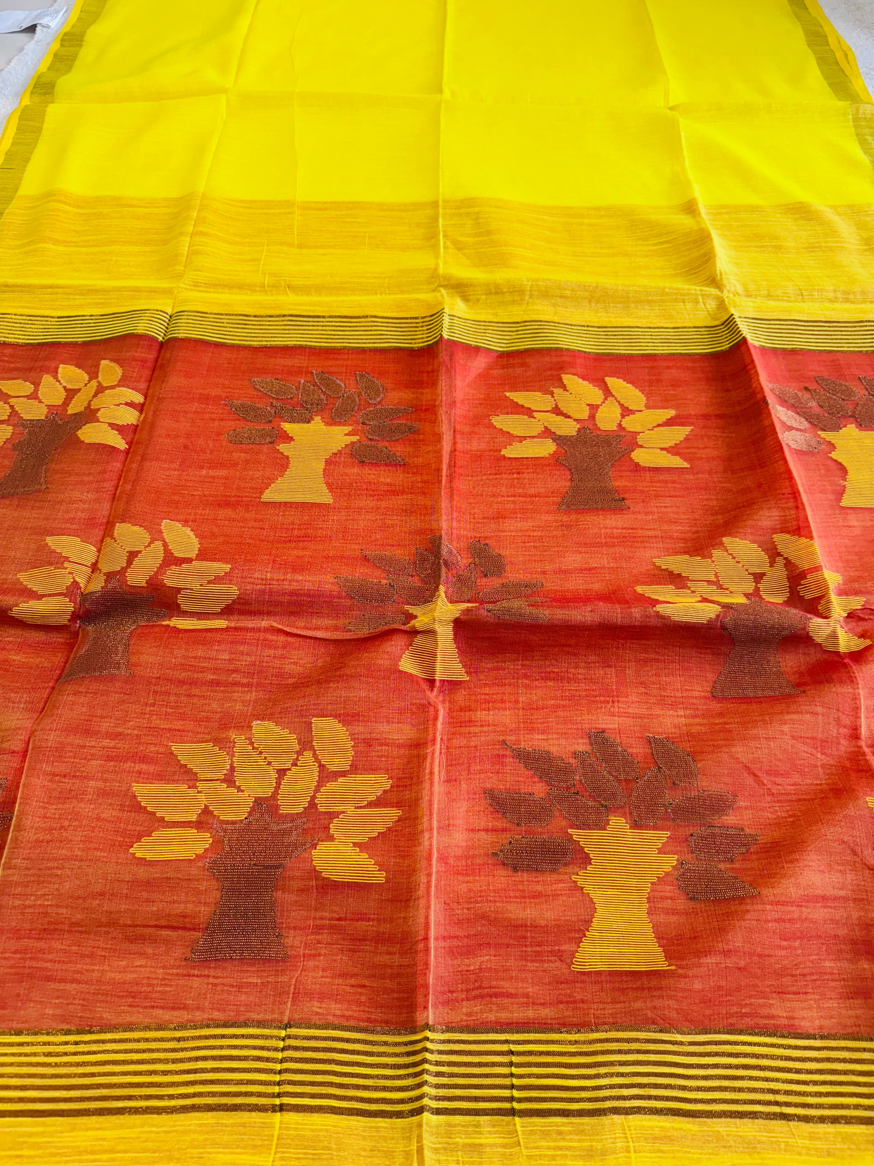 Hand Woven and Handloom Pure Muslin Motka Silk Jamdani - Orange, Yellow