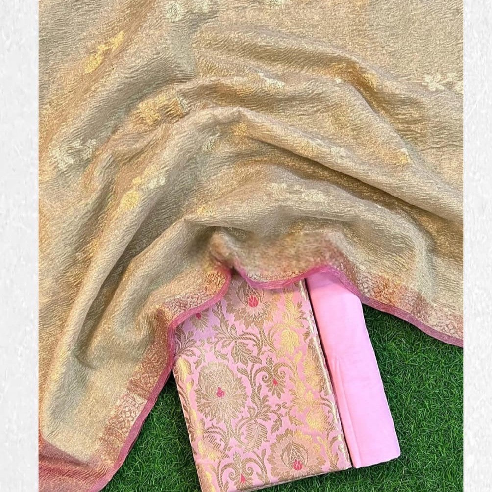Banarasi Katan Silk With Tissue Unstitched Salwar Suit Fabric With Kimkhab Jari- Pink, Blue