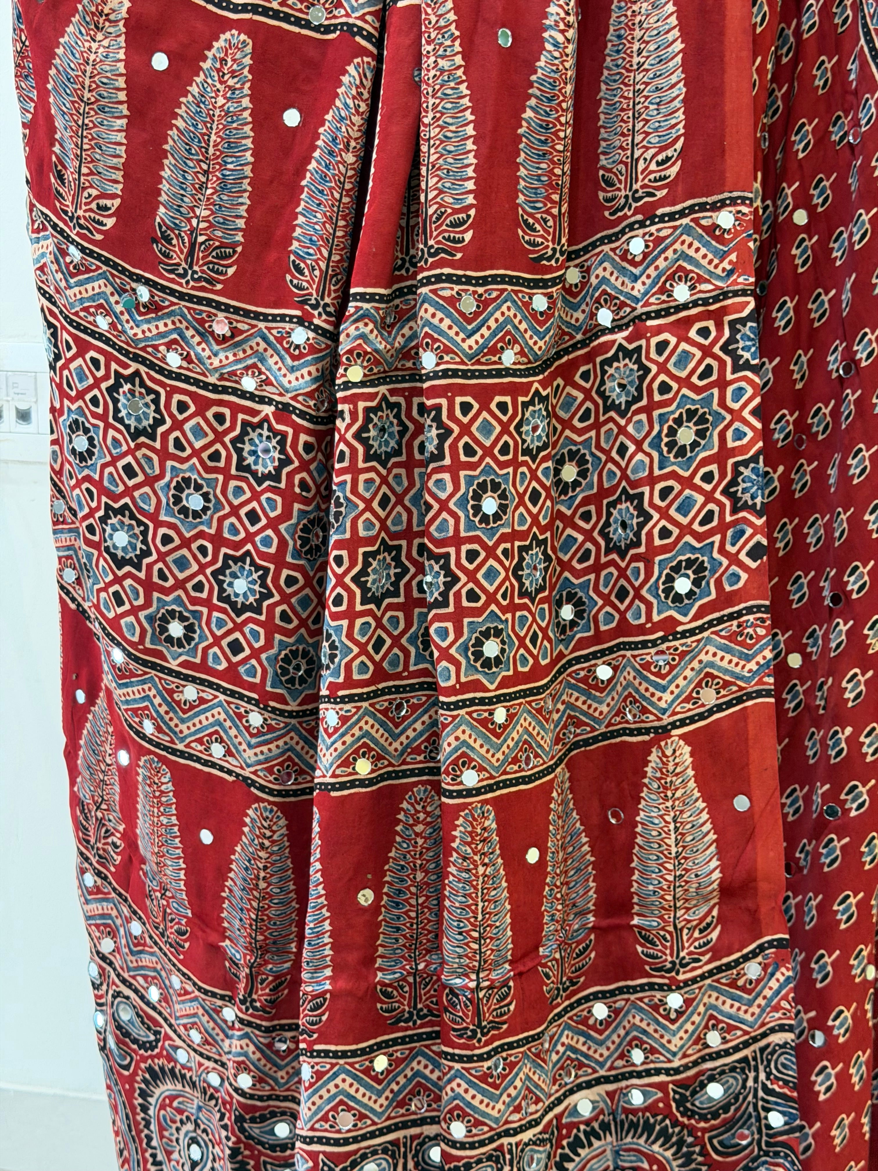 Modal Silk Ajrakh Saree With Natural Dyes and with Mirror Work Red, Indigo, Black and Customisation available