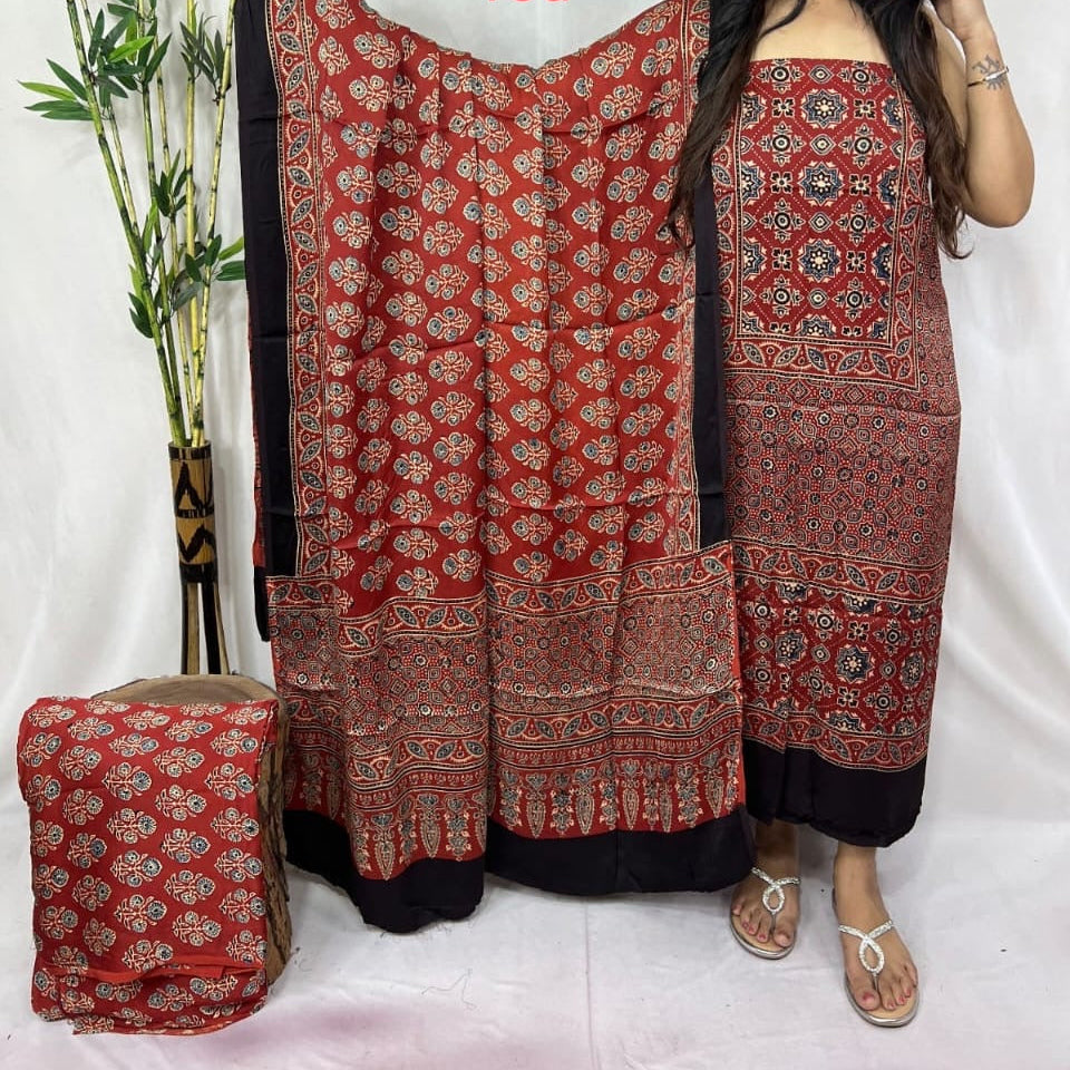 Pure modal silk hand block Ajrakh 3 suit material - Red with different hand block prints