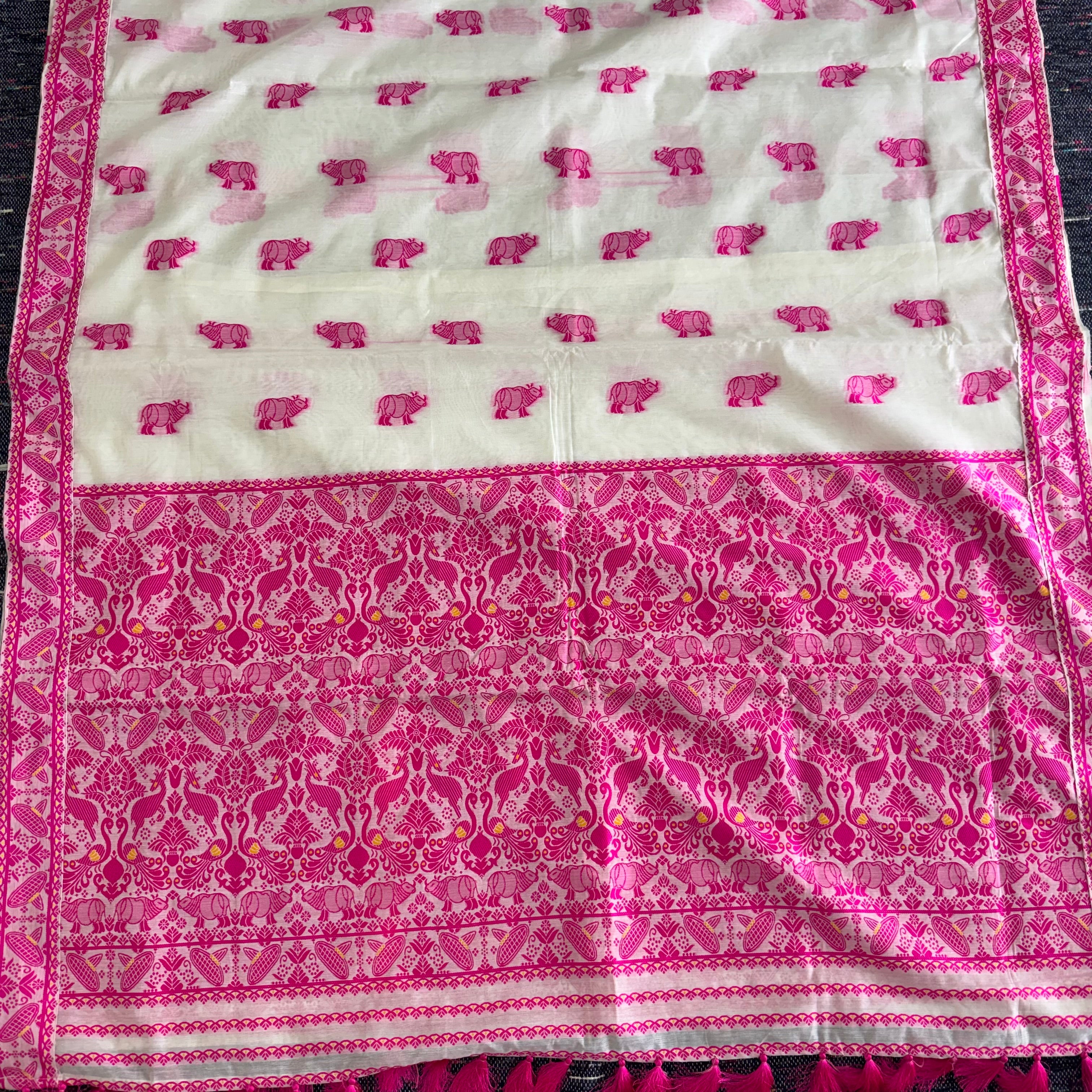 Assam Mugasilk Silk Saree in Golden Muga Color with Encient Authentic Design With Hot Pink Weave