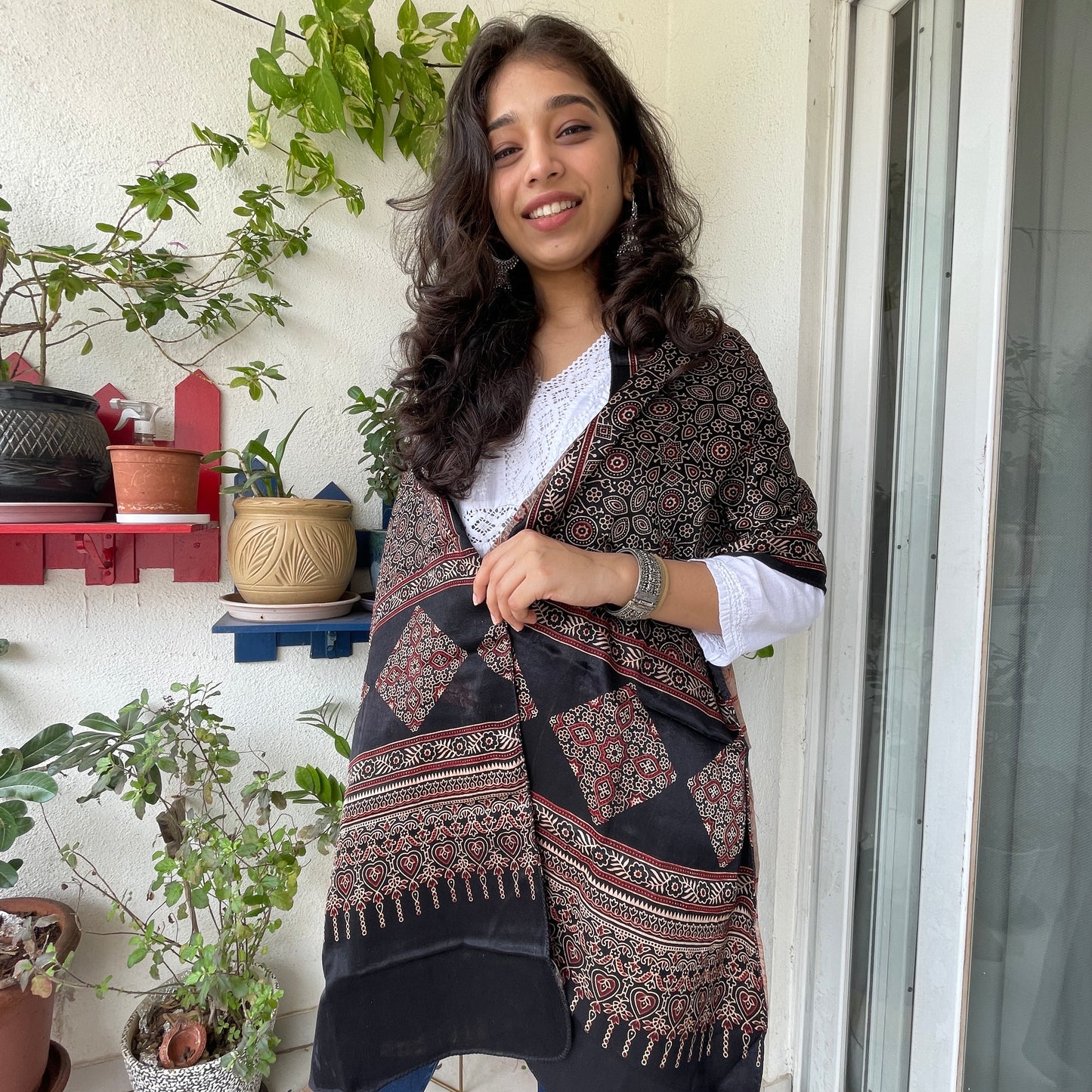 Mashru Silk Ajrakh Print Stole - Black