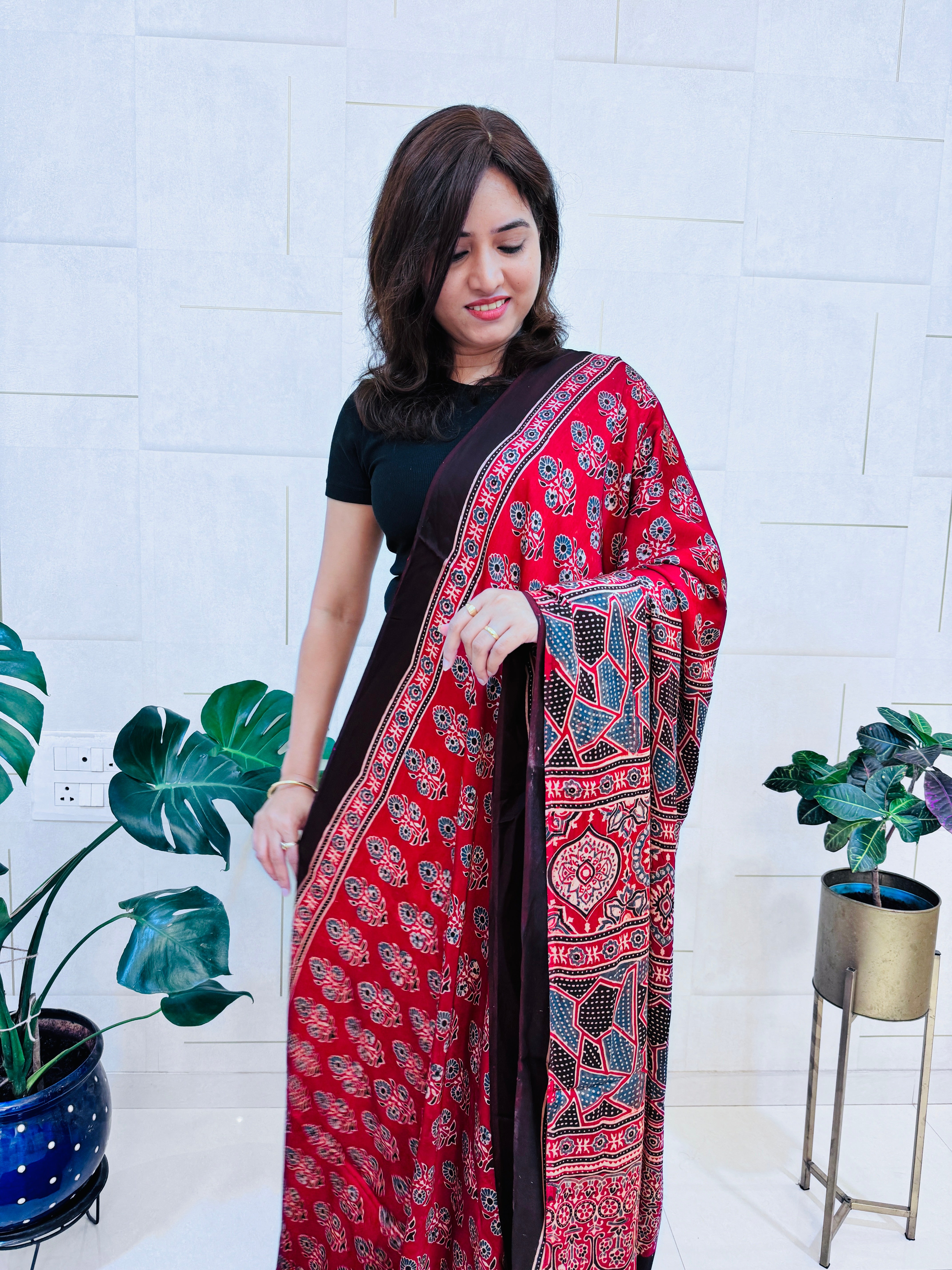 Modal Silk Ajrakh Saree With Natural Dyes - Red