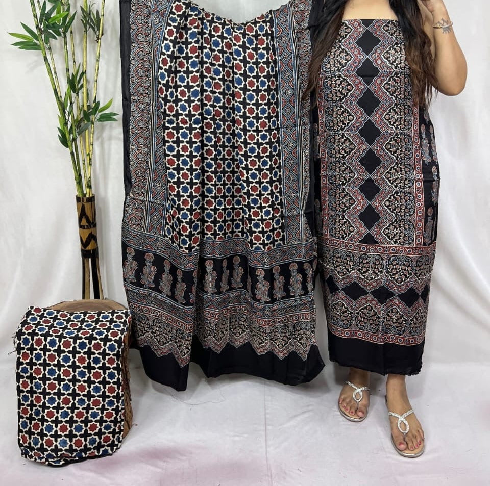 Pure modal silk hand block Ajrakh 3 suit material - Red with different hand block prints