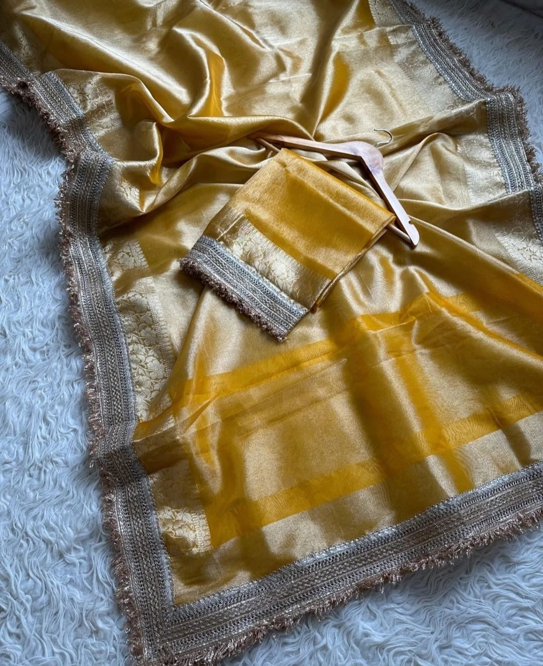 Banarasi Kora Silk Tissue Zari Weaving Saree - Blue, Yellow, Orange, Grey