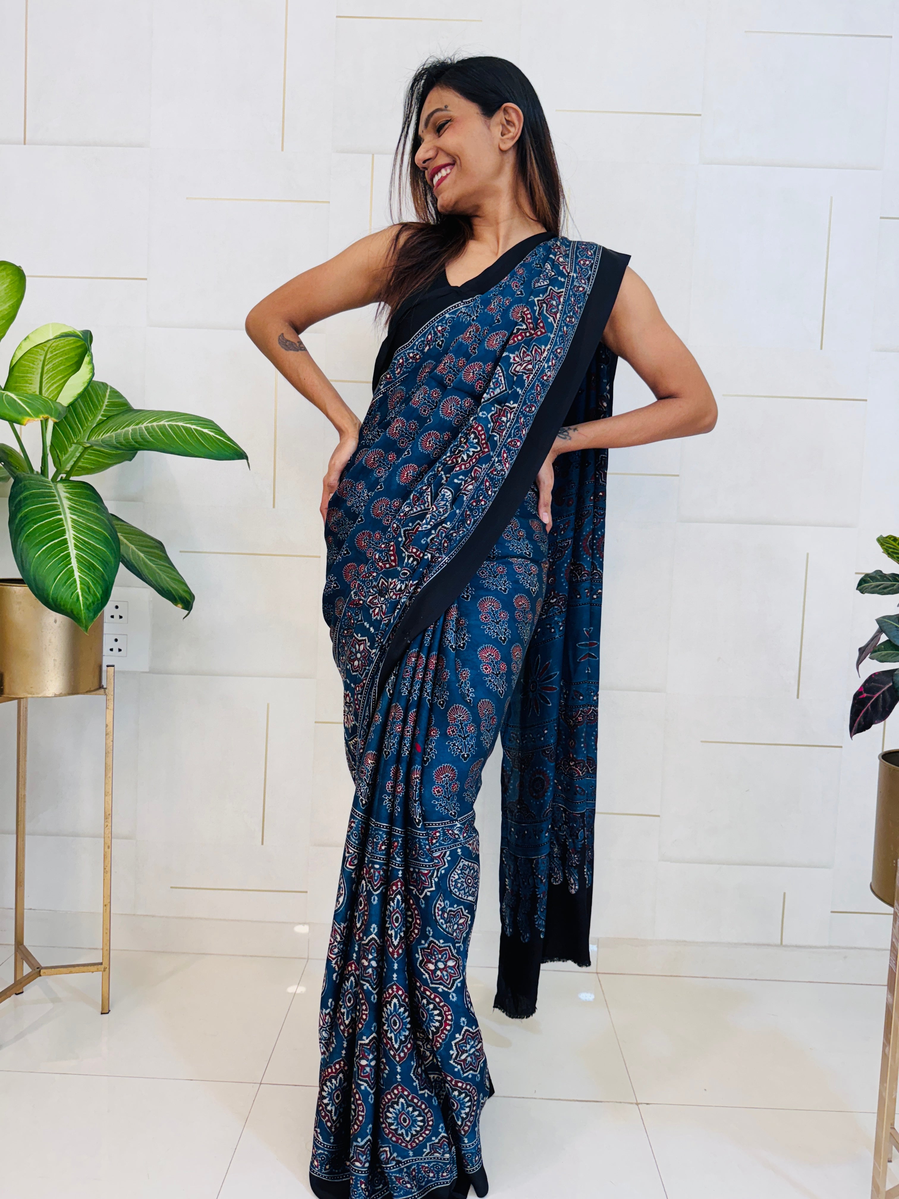 Modal Silk Ajrakh Saree With Natural Dyes - Indigo With Black Hand Blocked Ajrakh