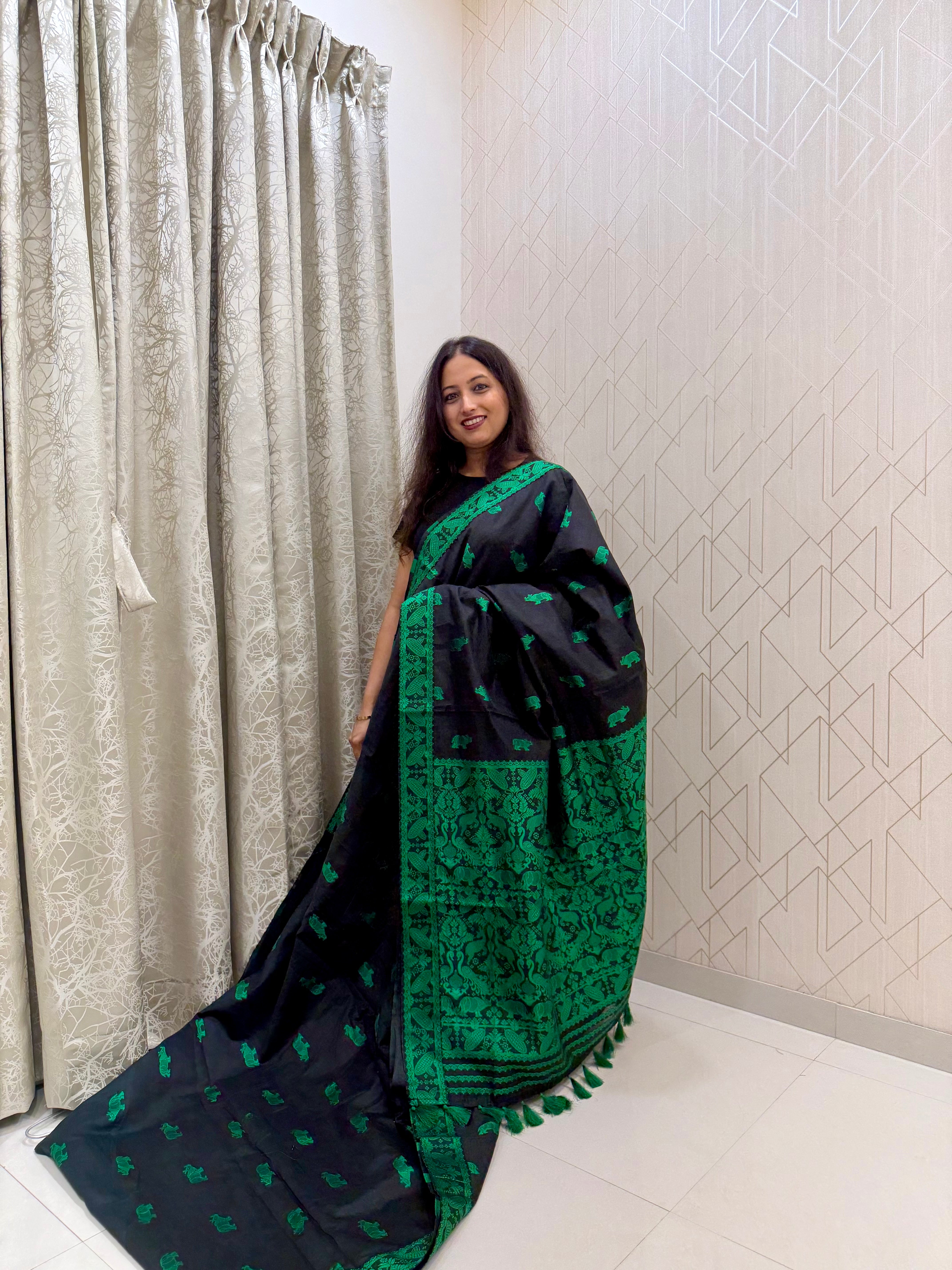 Assam Mugasilk Silk Saree in Black Color with Ancient Authentic Design With Green Weave