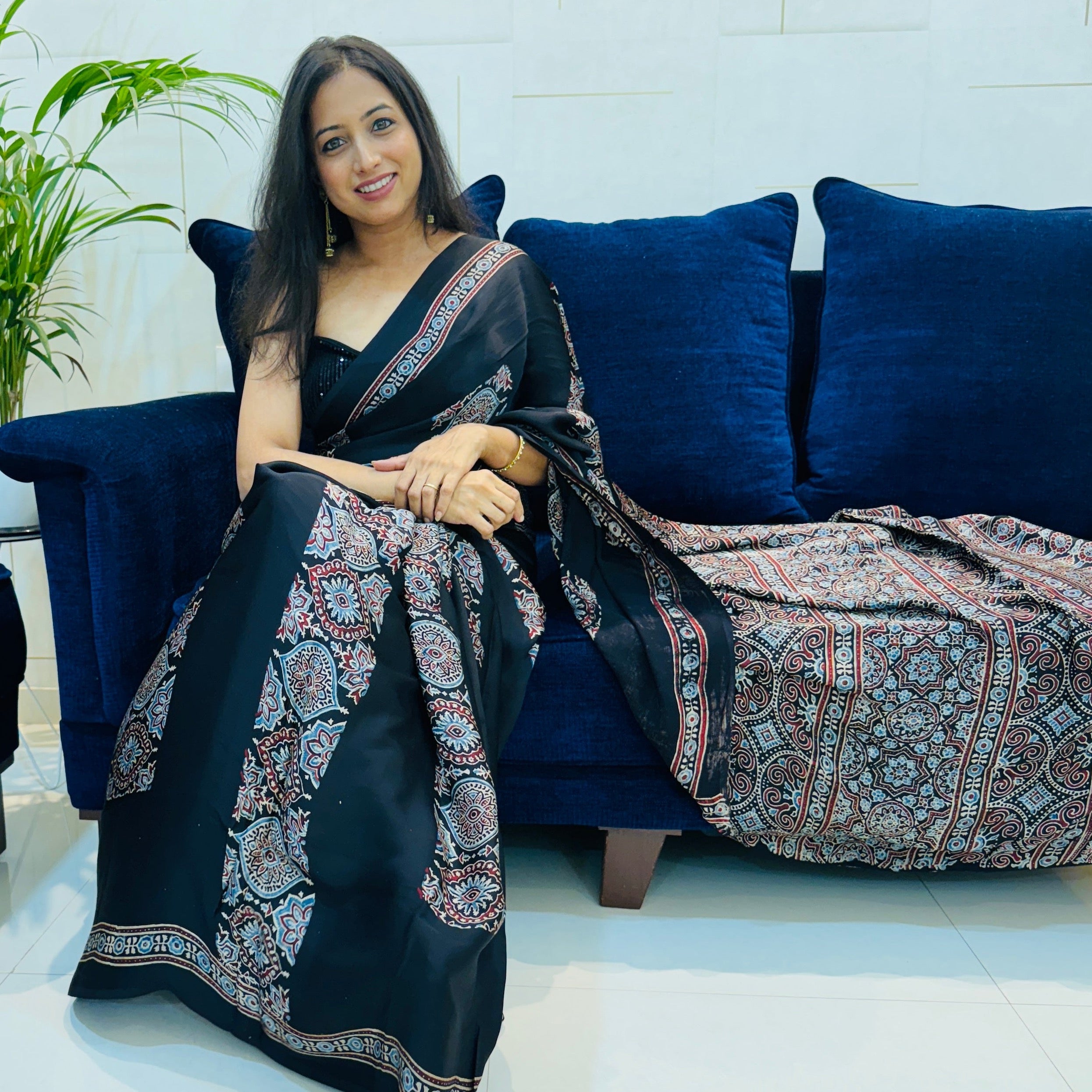 Modal Silk Ajrakh Saree With Natural Dyes - Black With Panels