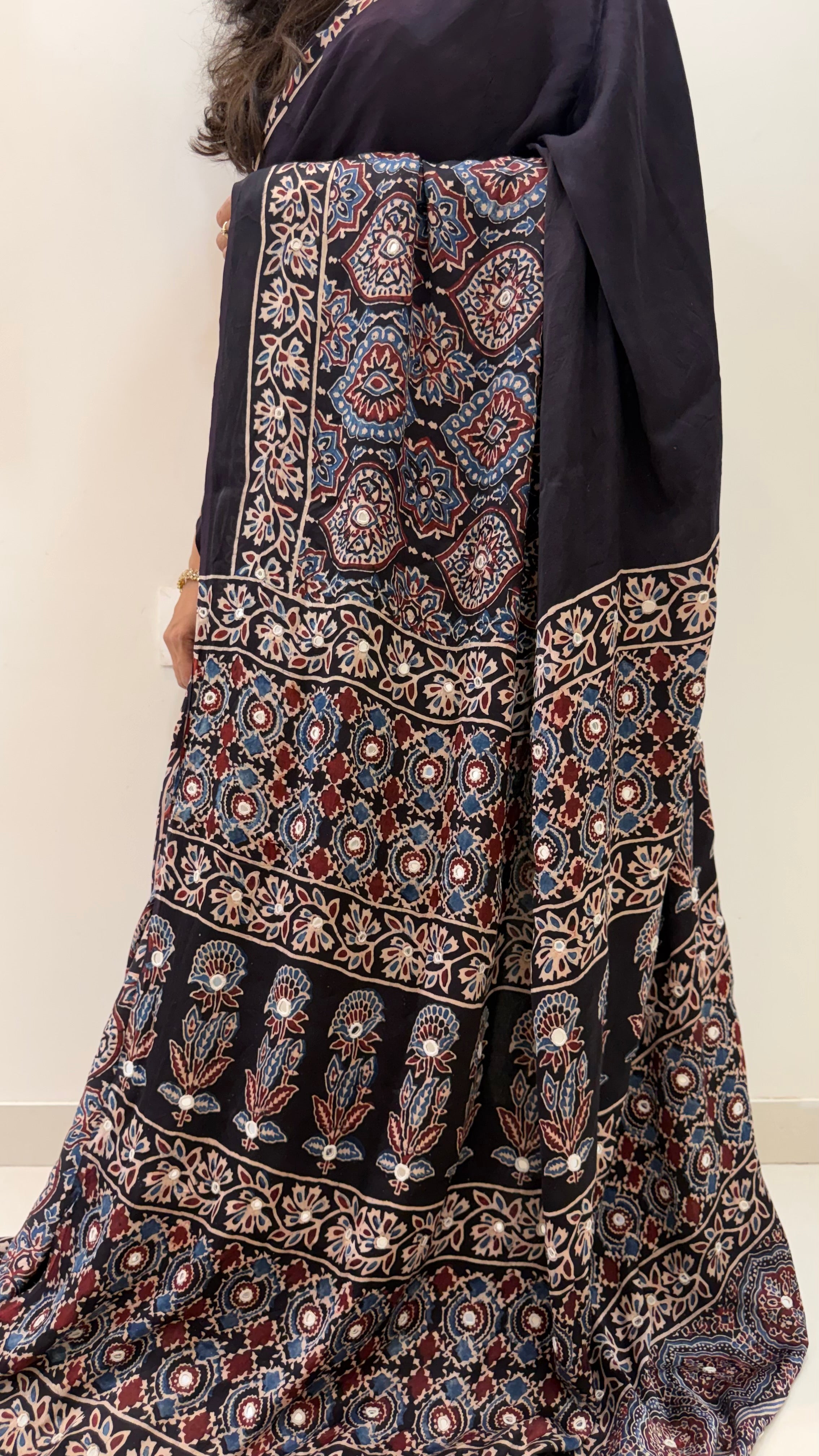 Modal Silk Ajrakh Saree With Natural Dyes and with Unstitched Mirror Work Black and Customisation available