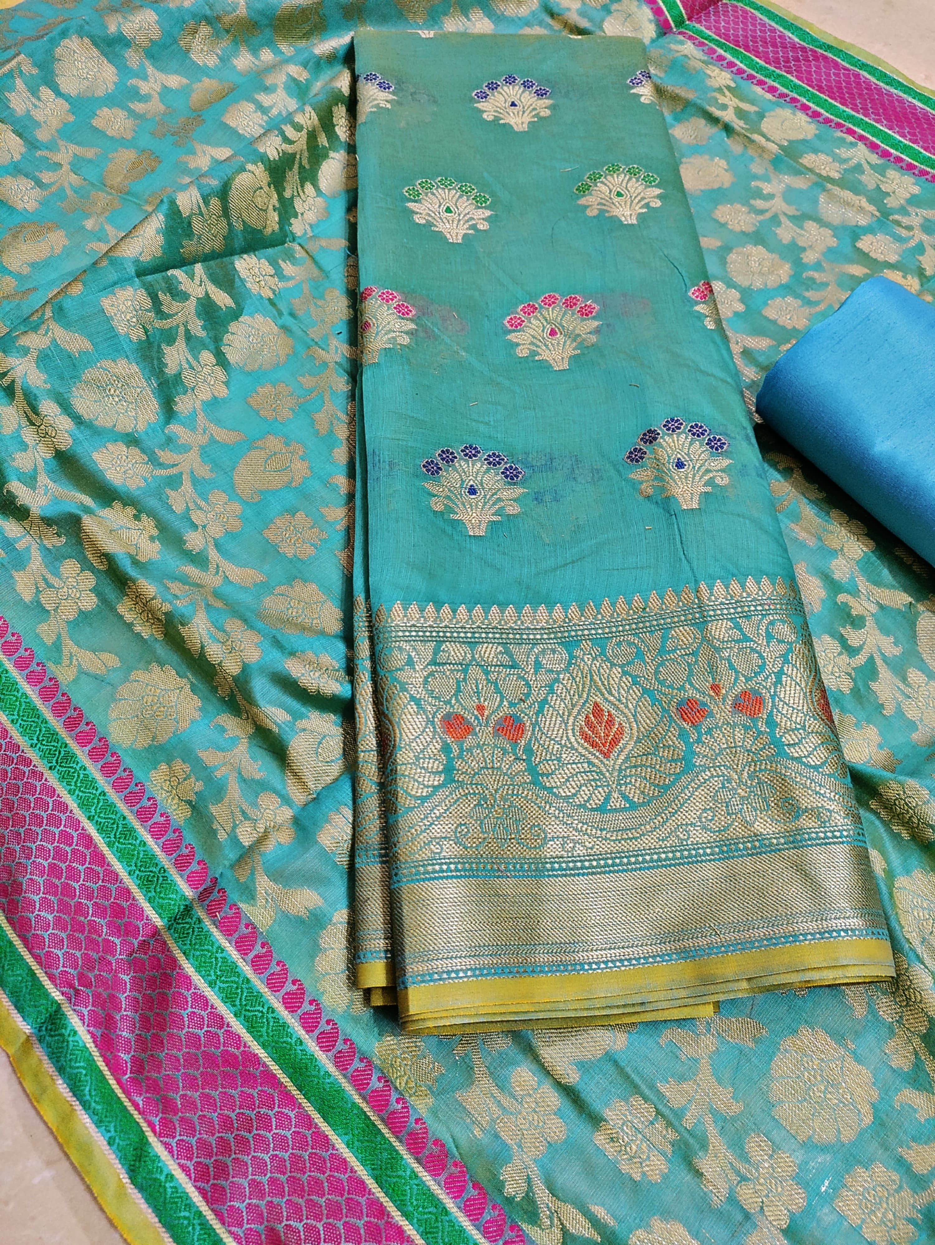 Banarasi Cotton Silk Unstitched Suit Material - Sea Blue, Pink, Peach, Green