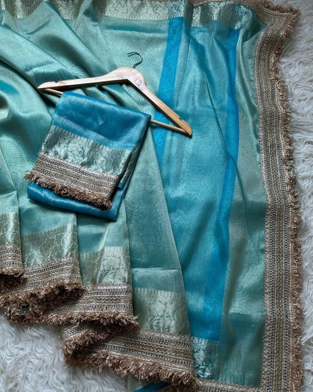 Banarasi Kora Silk Tissue Zari Weaving Saree - Blue, Yellow, Orange, Grey