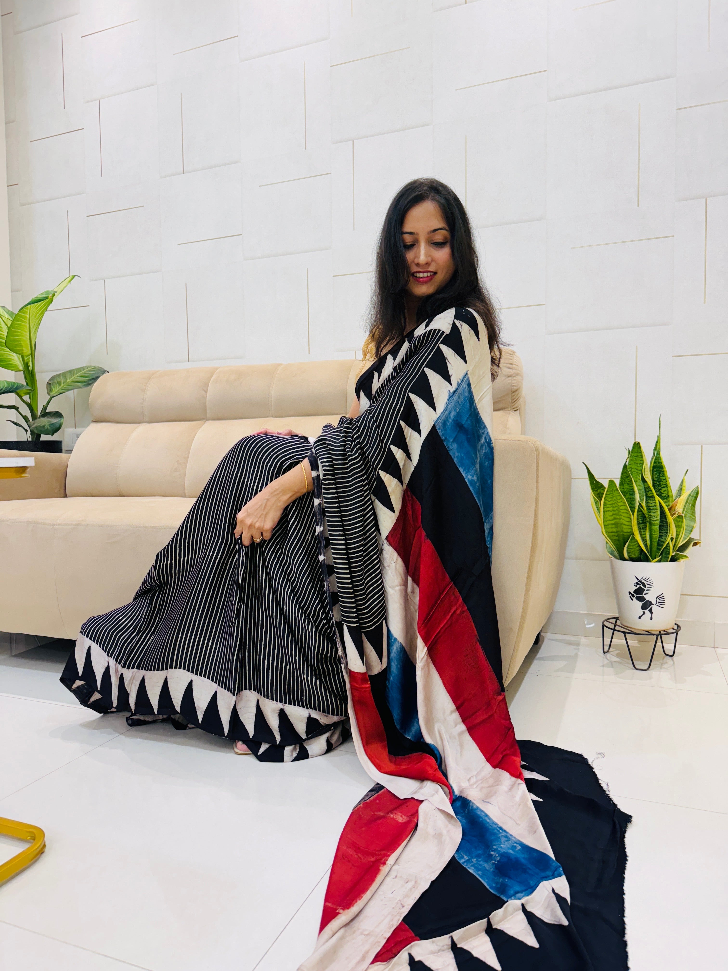 Modal Silk Ajrakh Saree With Natural Dyes- Abstract
