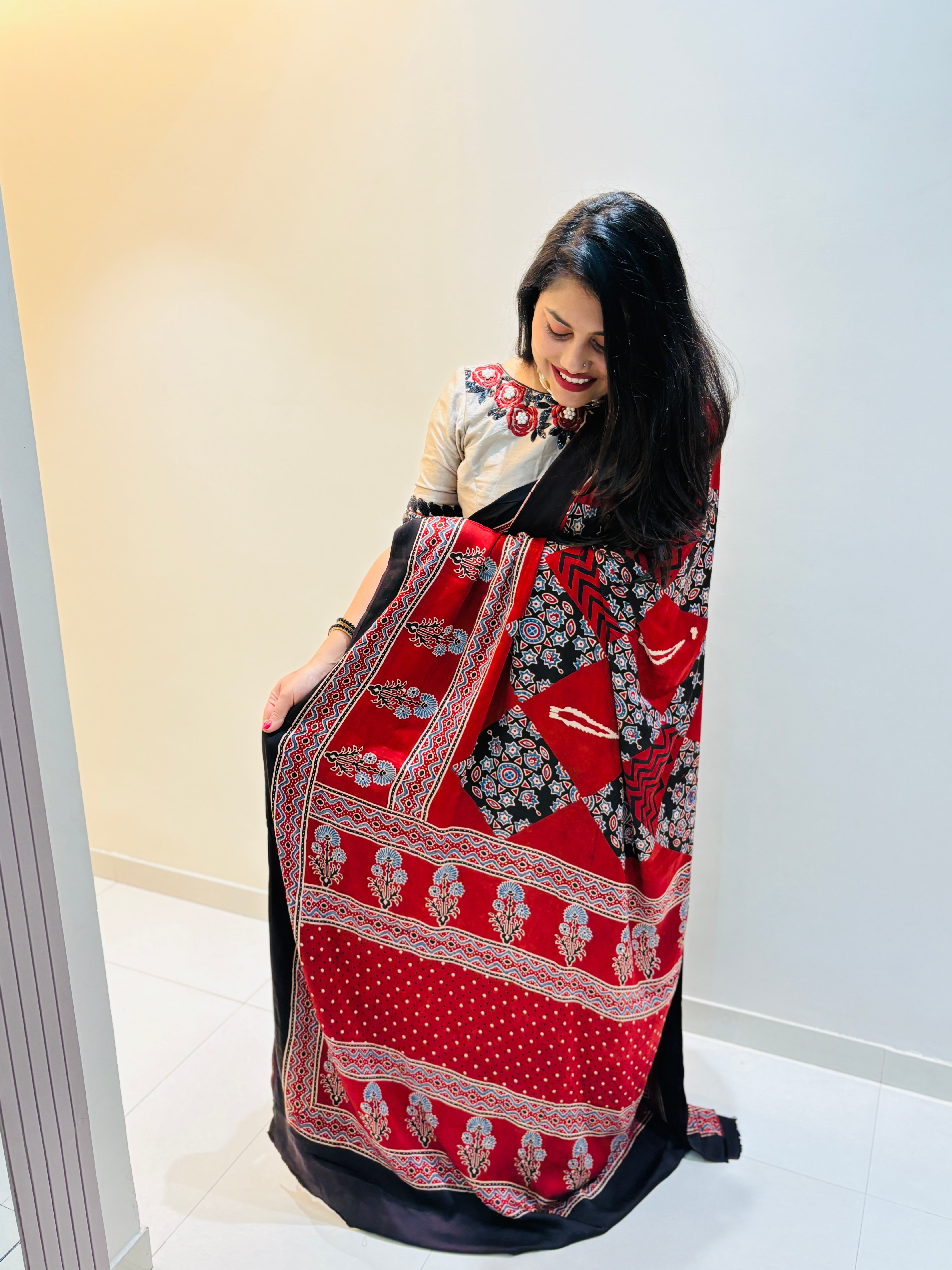 Modal Silk Ajrakh Saree With Natural Dyes - Maroon and Black