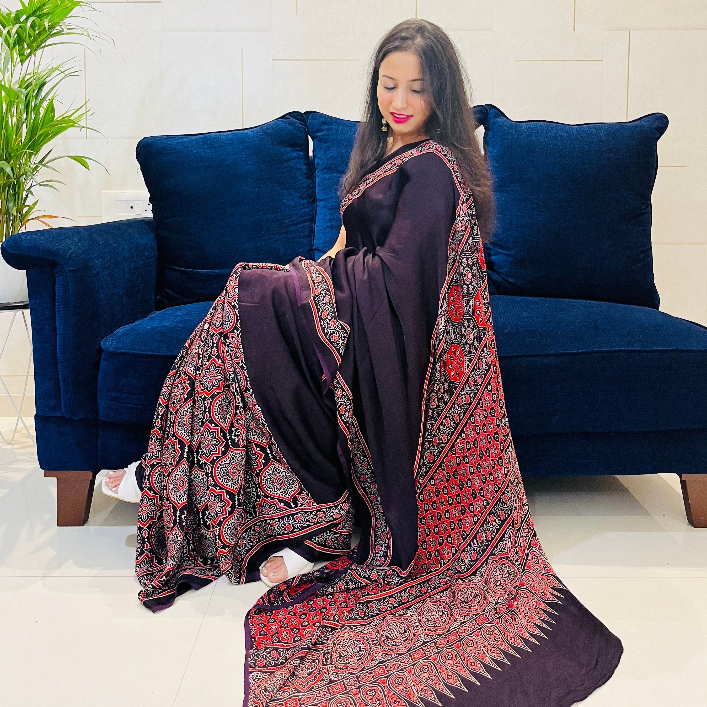 Modal Silk Ajrakh Saree With Hand Block - Chocolate Brown