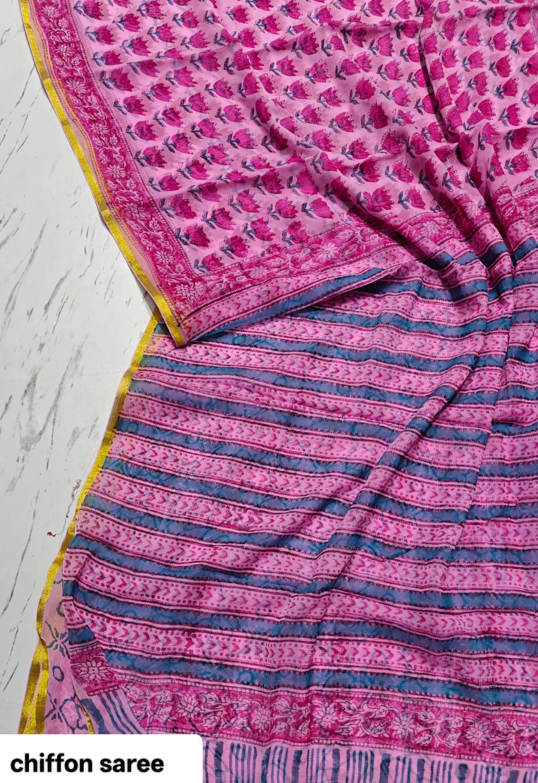 Hand Block Diamond Chiffon Saree – Floral Bagru Print in Blue, Pink. White and more