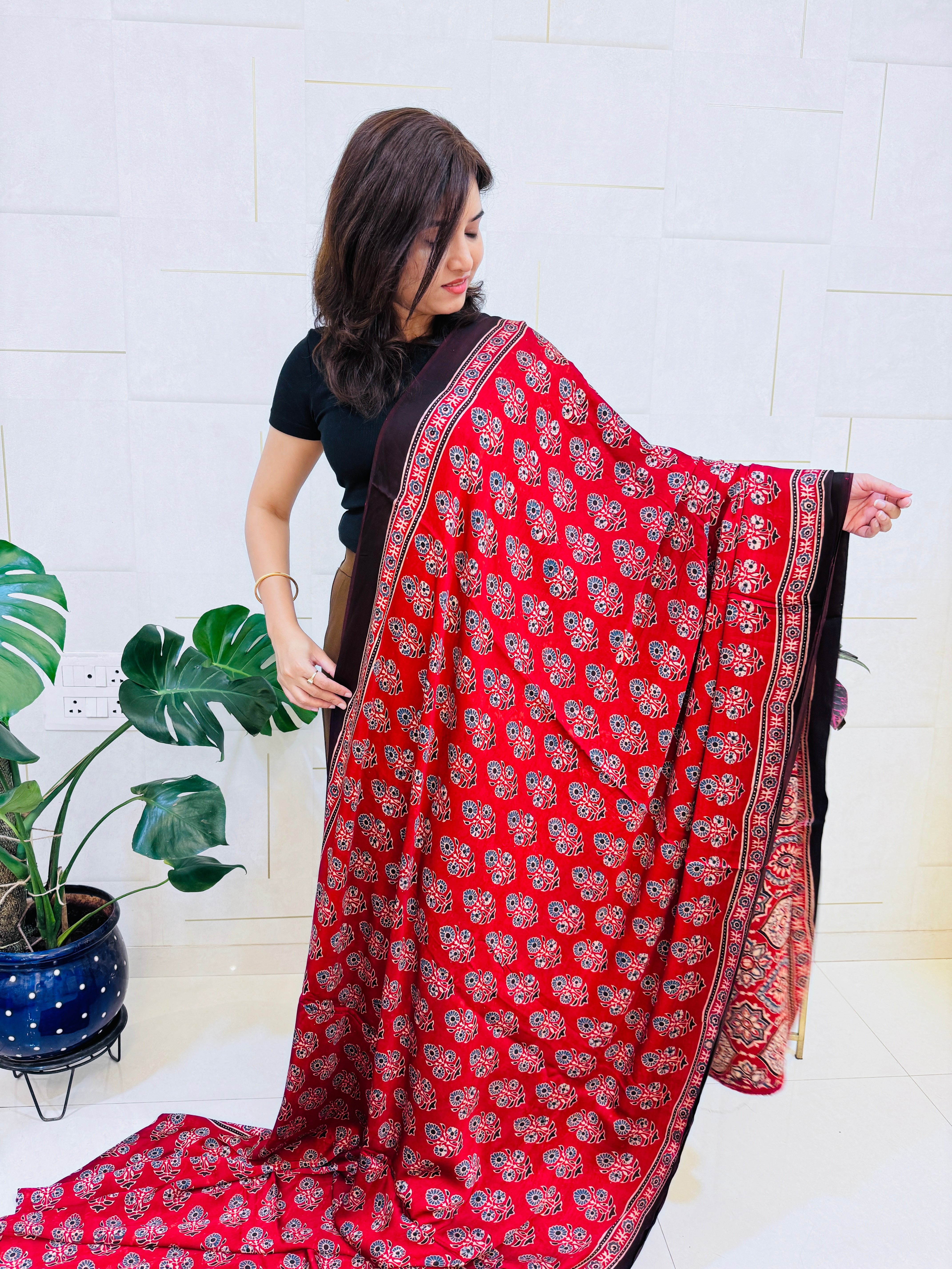 Modal Silk Ajrakh Saree With Natural Dyes - Red