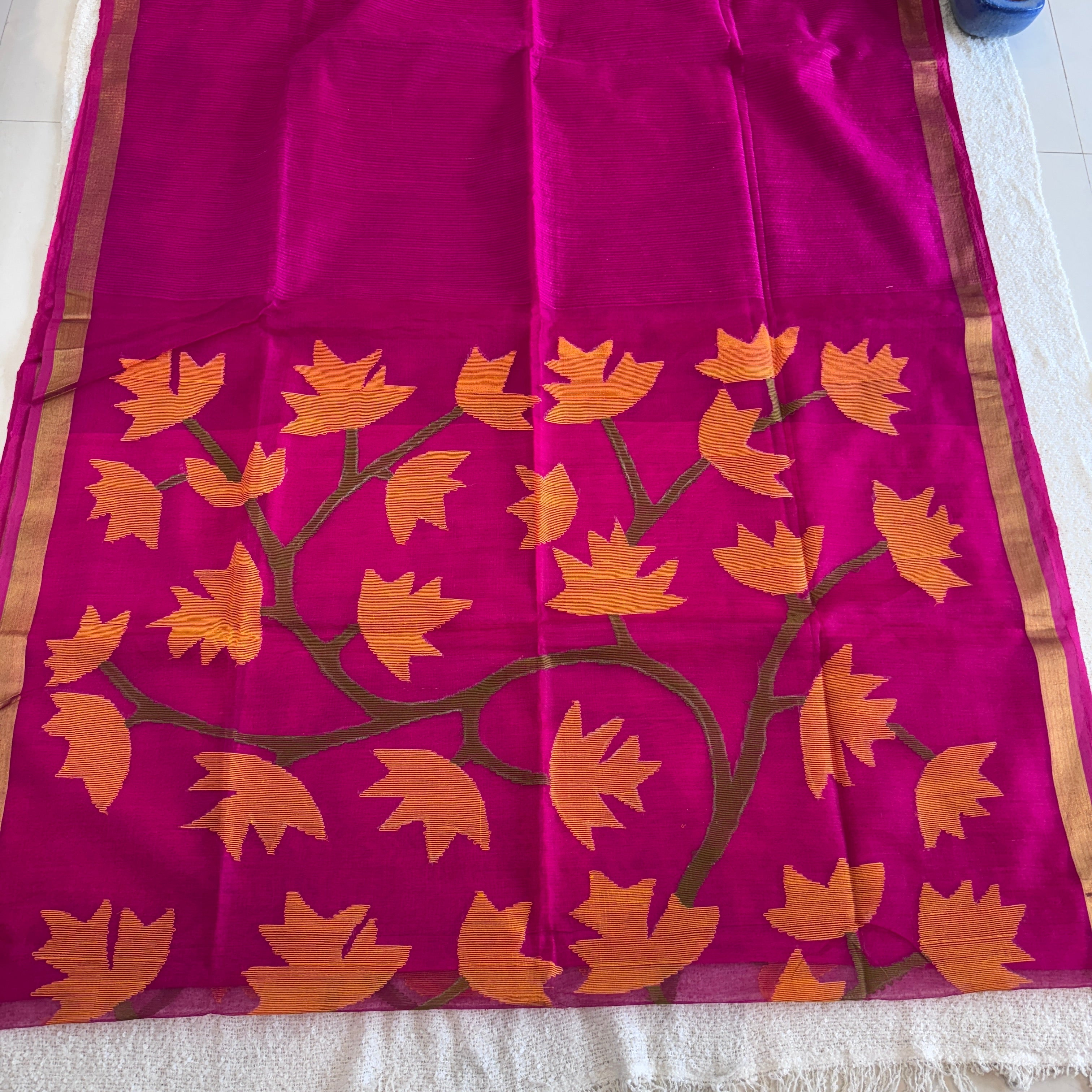 Jamdani Madhavi Lata Handloom Saree- Blue, Pink , Green Dark Grey