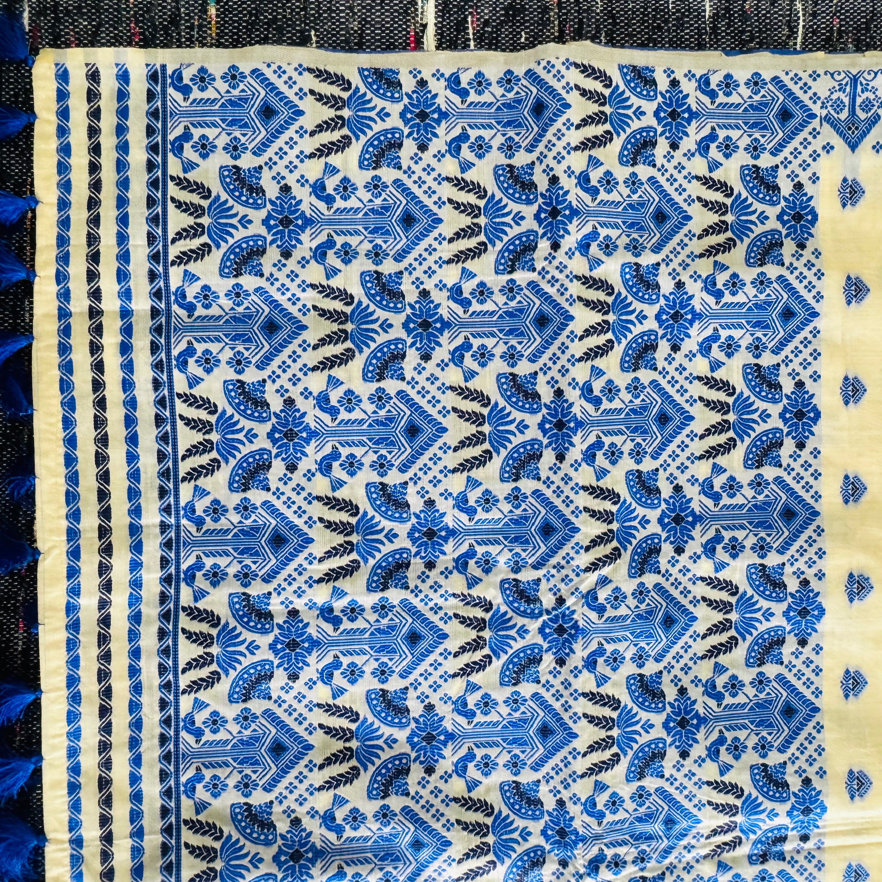 Assam Mugasilk Silk Saree in Golden Muga Color with Ancient Authentic Design With Blue Weave