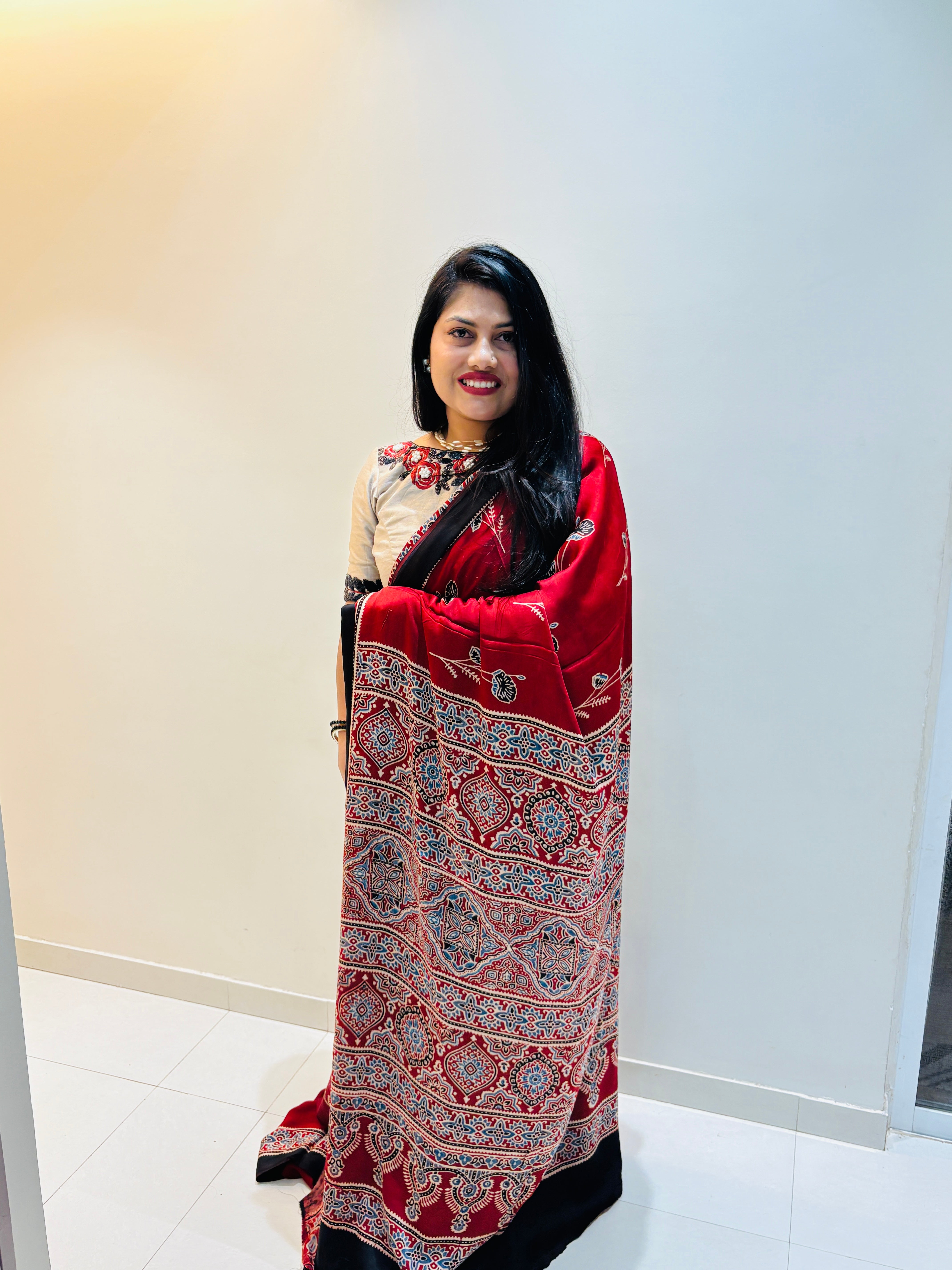 Modal Silk Ajrakh Saree With Natural Dyes