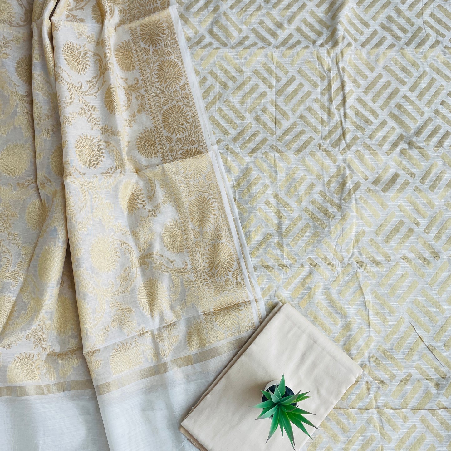 Banarasi Cotton Silk Unstitched Suit Material - White and Gold