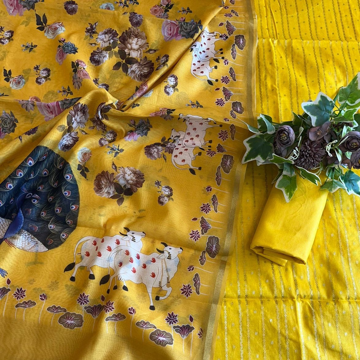 Banarasi Chandler Silk Pichwai Unstitched Salwar Suit Fabric - Yellow, Black,