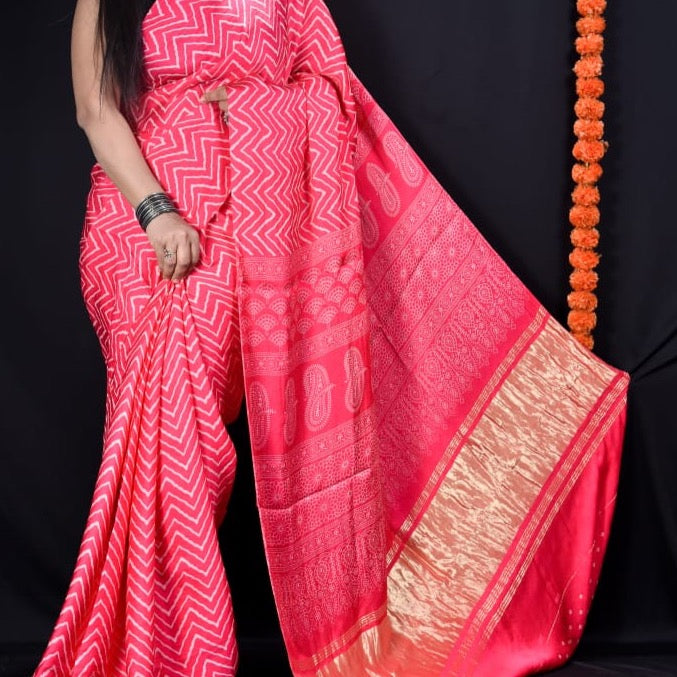 Modal Silk Mashroo Mix Ajrakh Saree - Indigo, Yellow, Red, Maroon ( Customisation available)