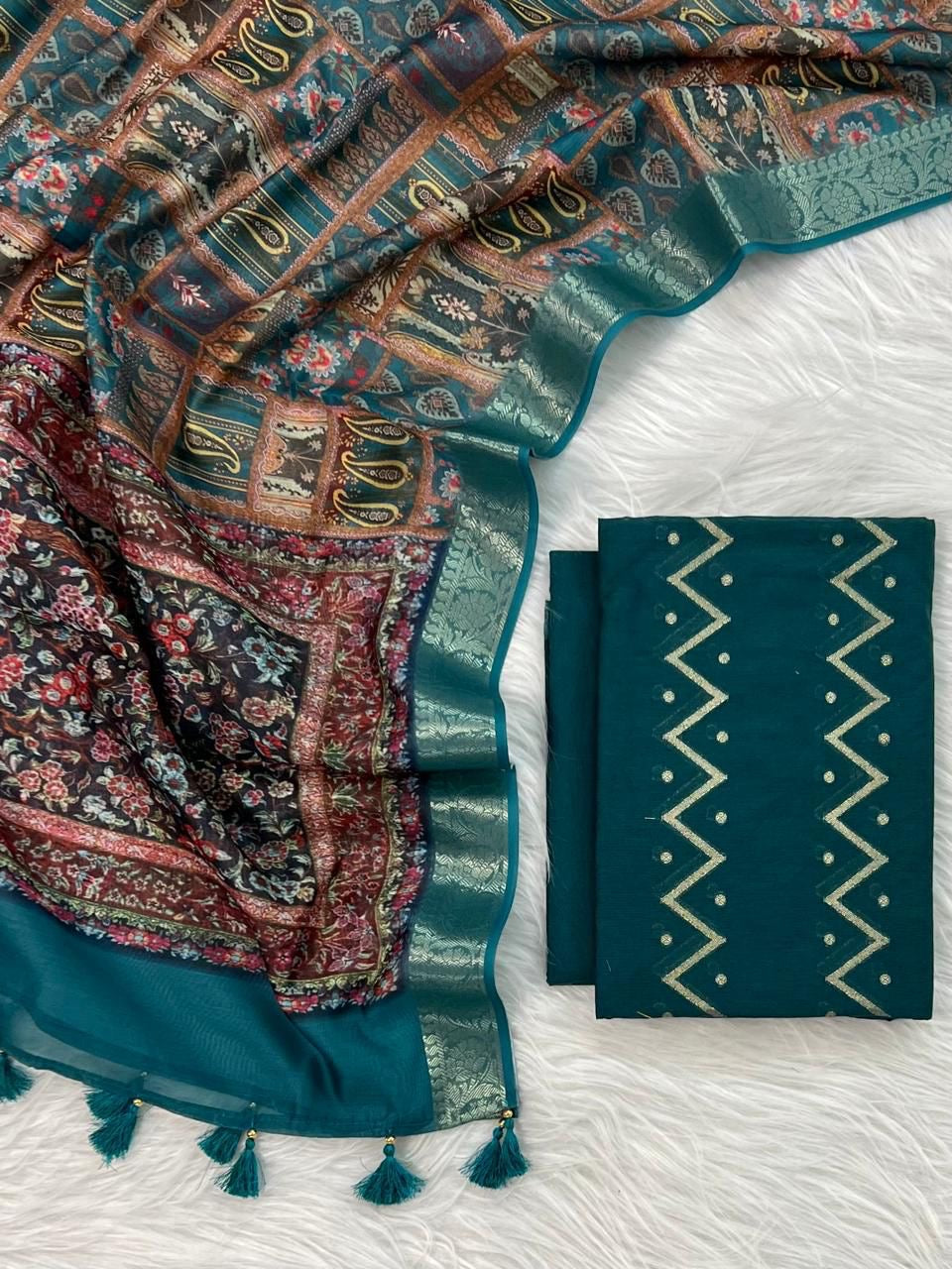 Banarasi Pure Mercerised Silk Handloom Unstitched Suit Material- Colours - Green, Mustard, Purple, Blue