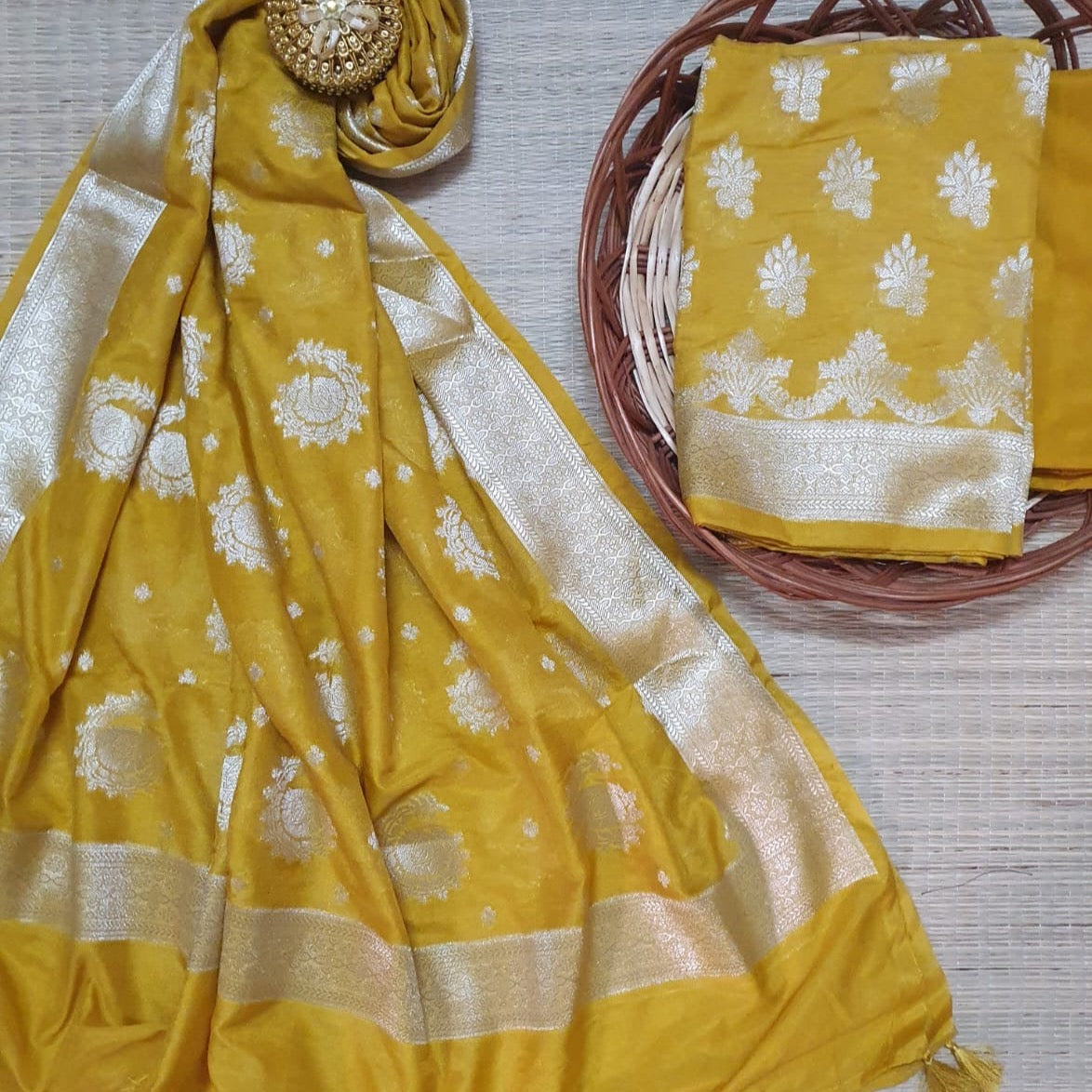 Banarasi Soft Chiffon Dyeable Unstitched Salwar Suit Fabric - Yellow, Grey, Blue, Black, Pink, Rani Pink