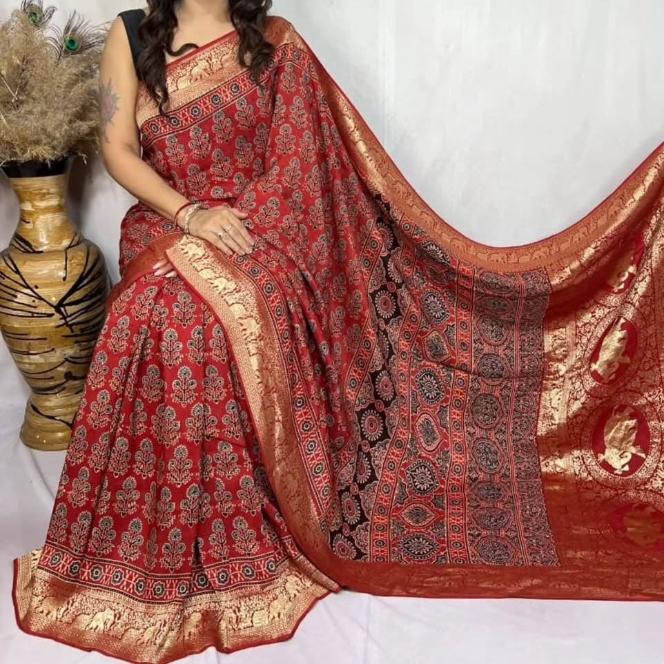 Dola Silk Ajrakh Saree With Natural Dyes and with Stitched Mirror Work Maroon, Red, black, indigo
