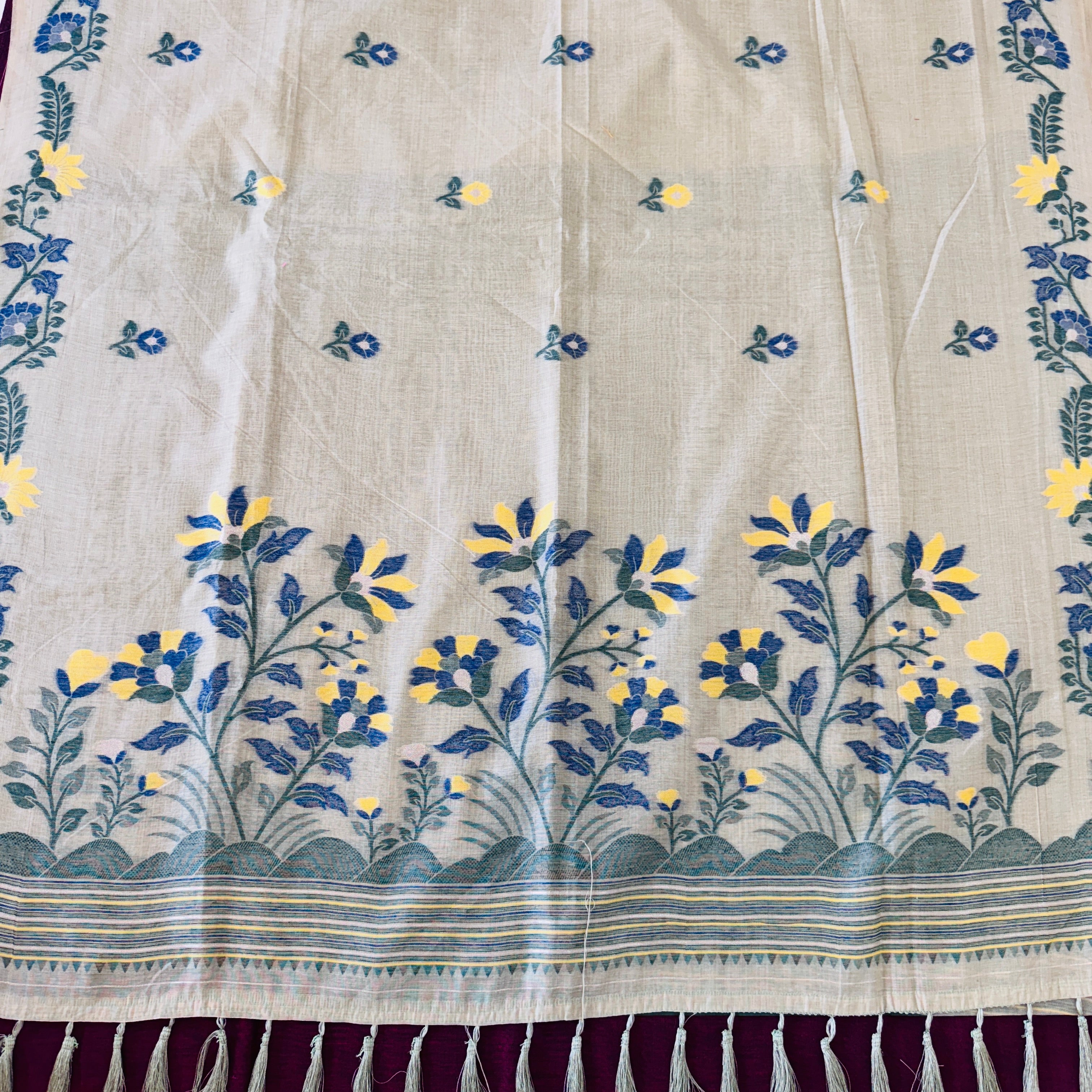 Hand Woven and Handloom Pure Muslin Munga Cotton Silk Jamdani With a Floral Butta- Light Olive Green