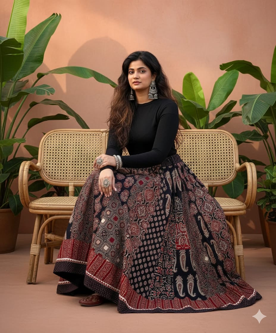 Cotton Ajrakh Skirts - Red and Black with 6 meter Flare