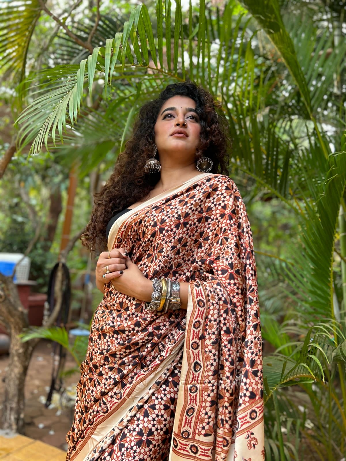 Modal Silk Ajrakh Saree - Cream