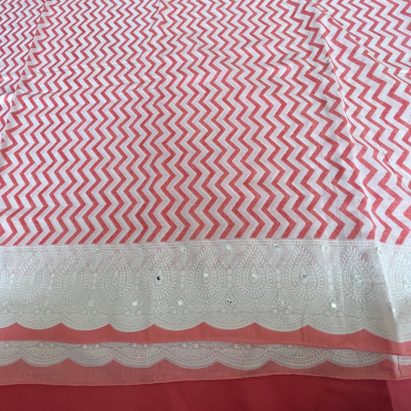Pure Soft Cotton Unstitched Suit Material - White With Pink Kota Dupatta