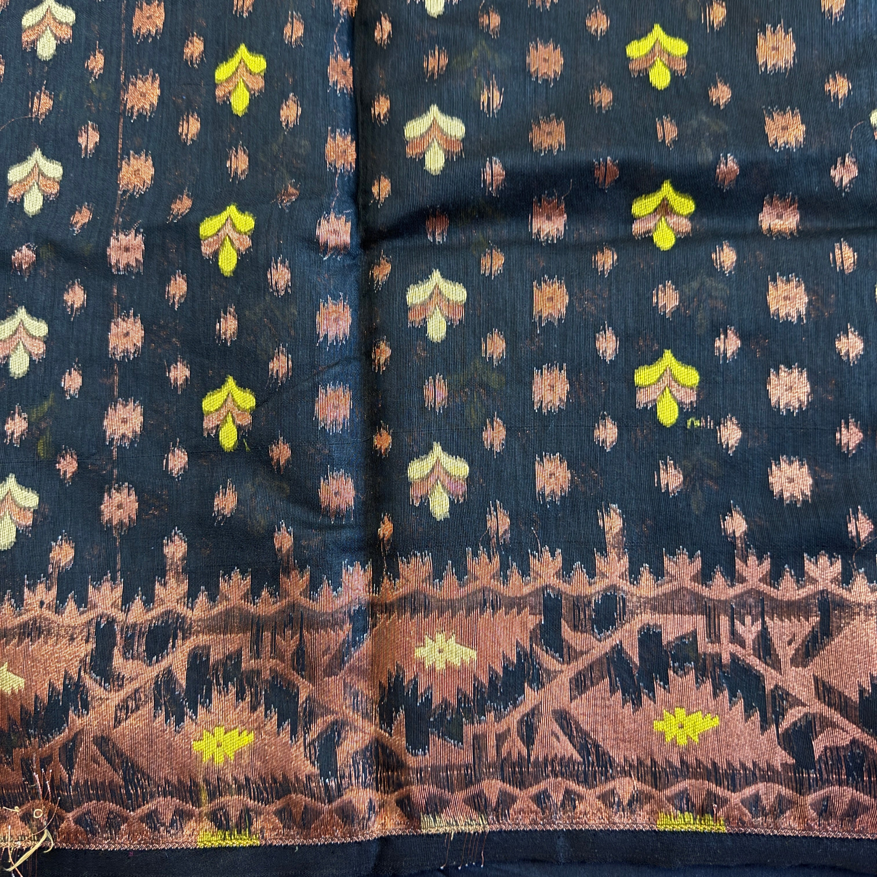 Handloom Pure Muslin Cotton Silk Jamdani - Black With Metallic Bronze