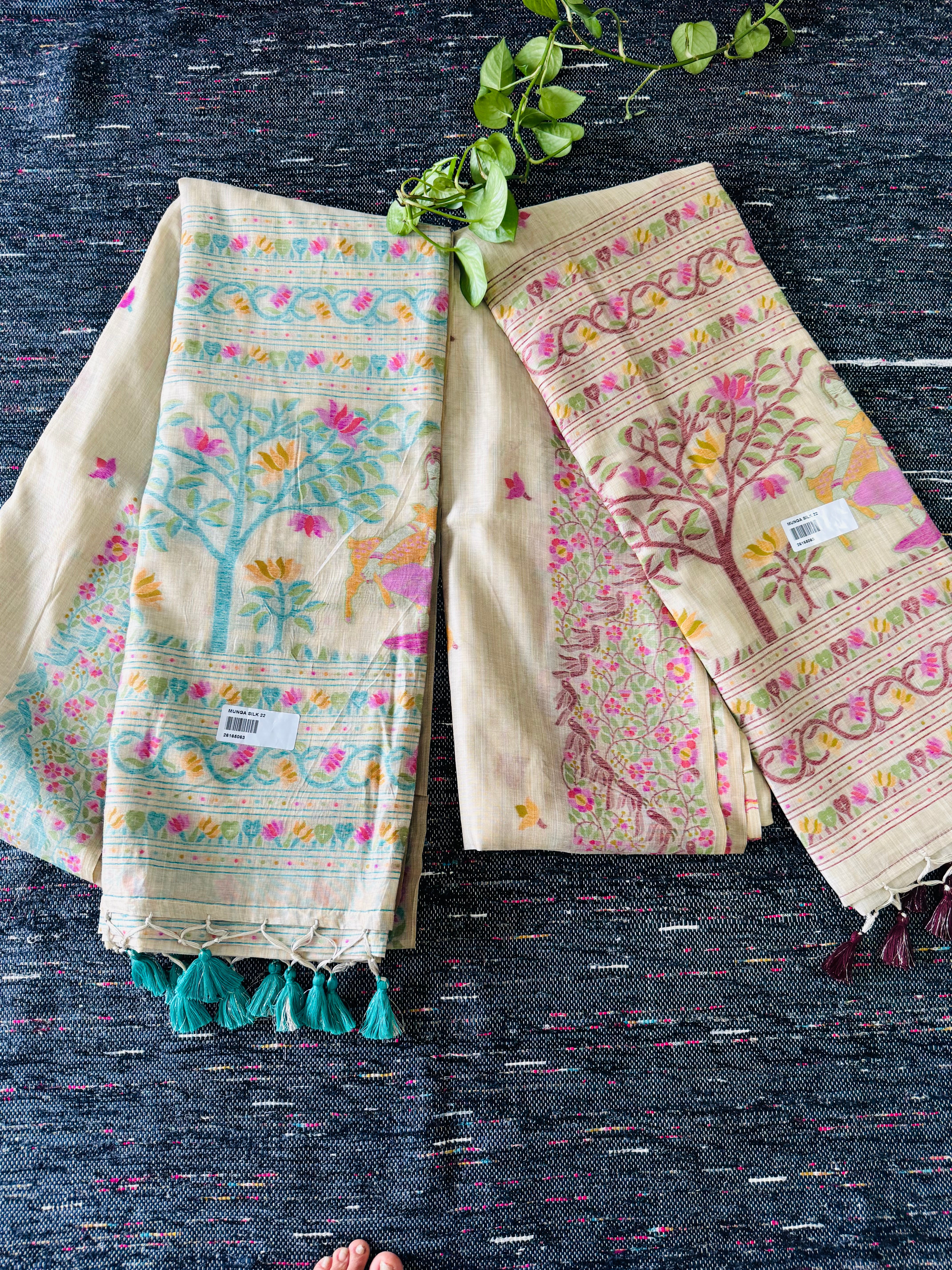 nd Handloom Pure Muslin Munga Silk Jamdani Beige with Blue and Pink