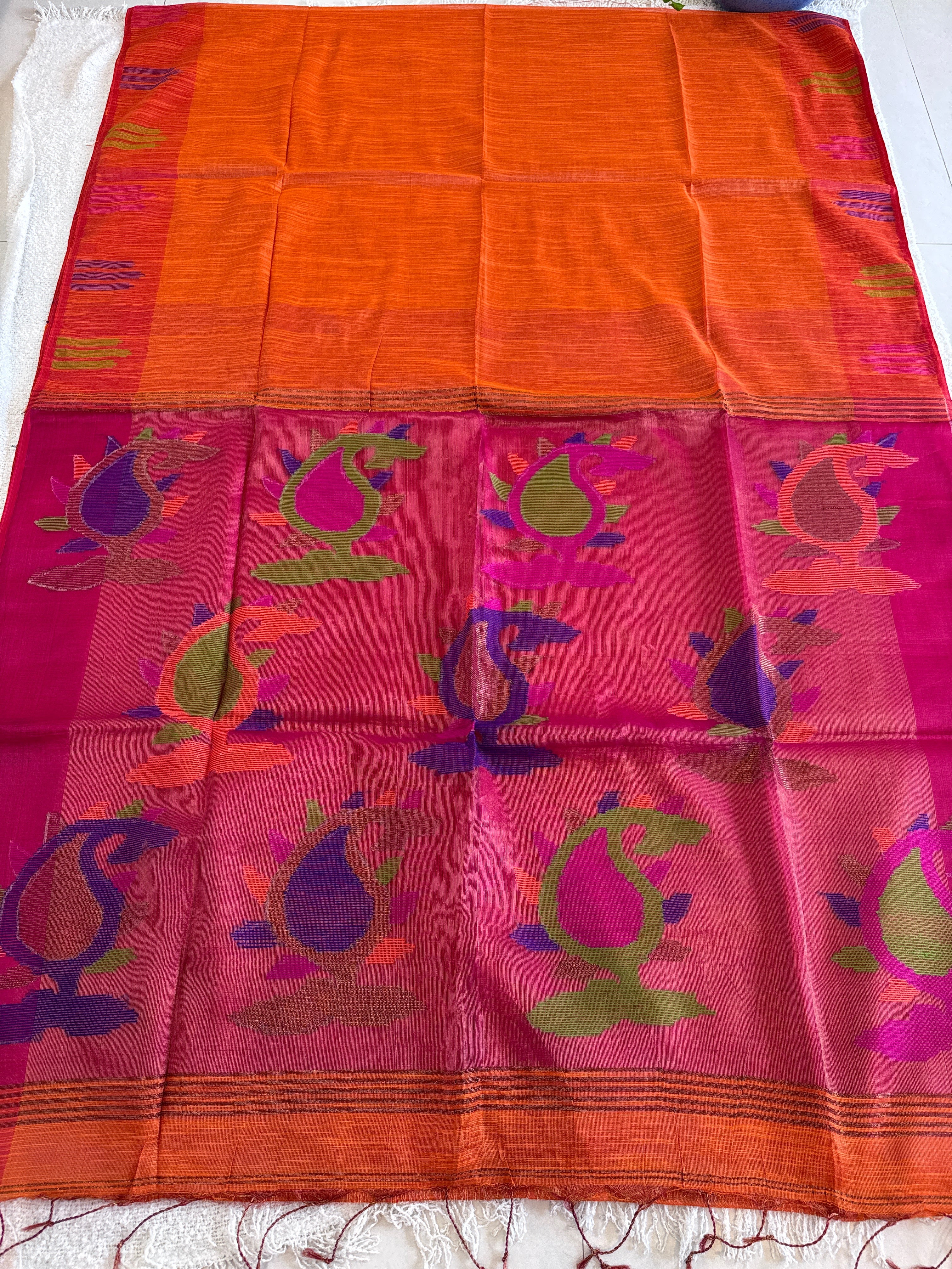 Hand Woven and Handloom Pure Muslin Motka Silk Jamdani - Orange, Blue
