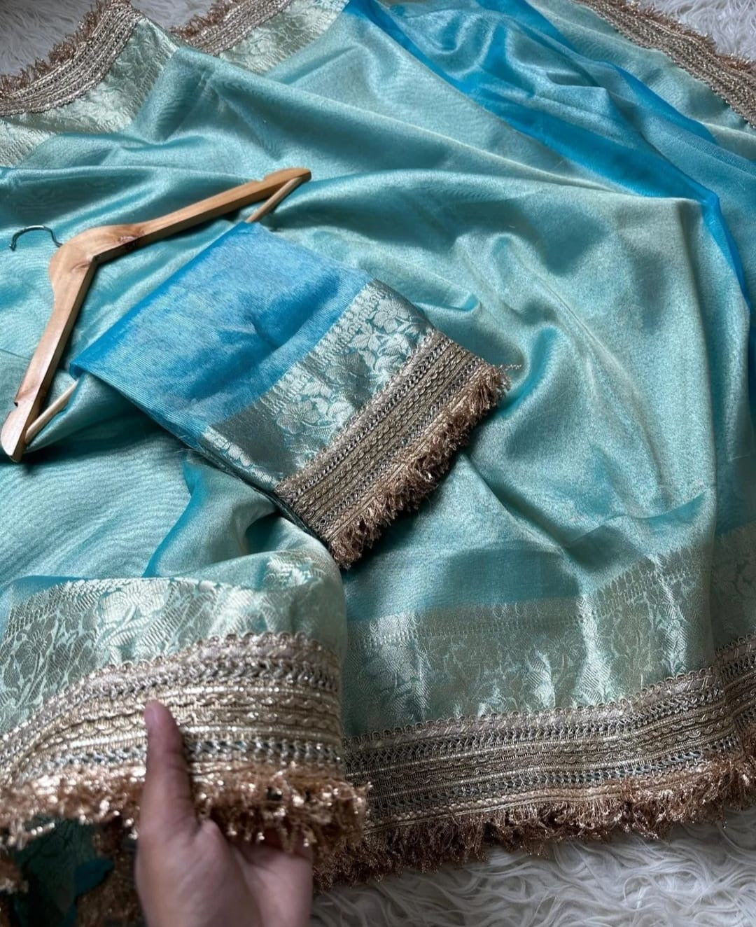 Banarasi Kora Silk Tissue Zari Weaving Saree - Blue, Yellow, Orange, Grey