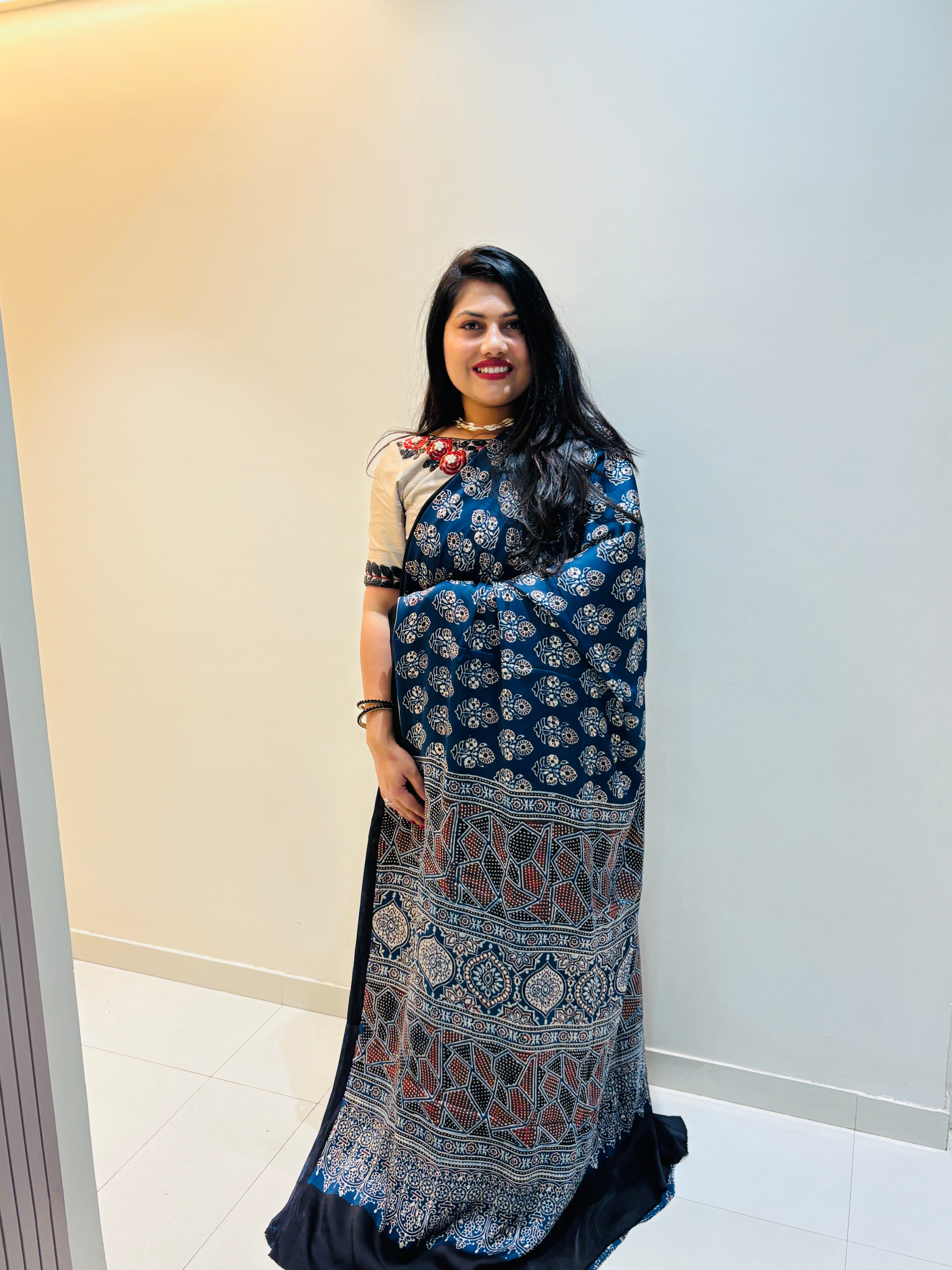 Modal Silk Ajrakh Saree With Natural Dyes - Indigo