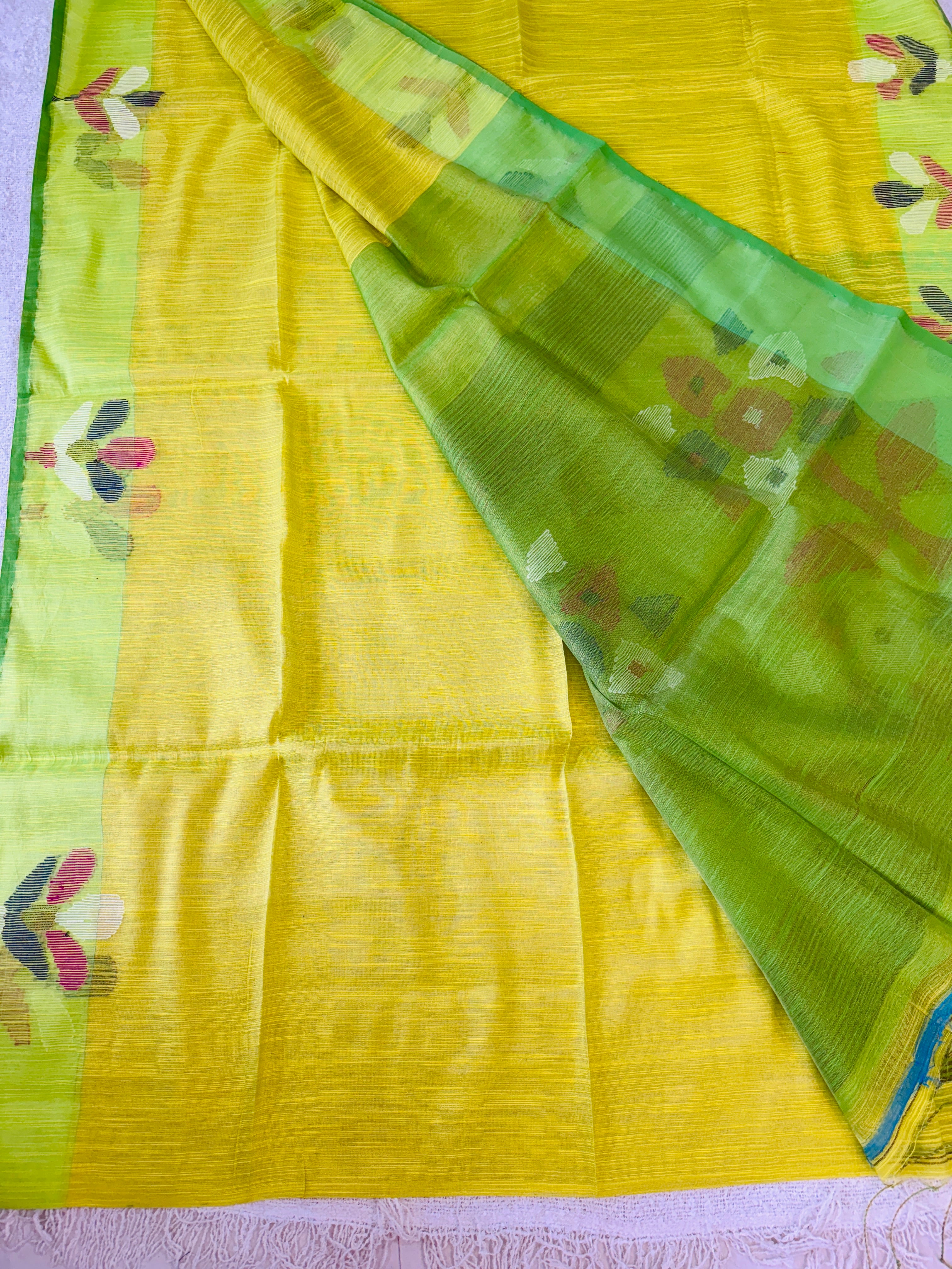 Hand Woven and Handloom Pure Muslin Soft Silk Jamdani - Parrot Green and Olive Green