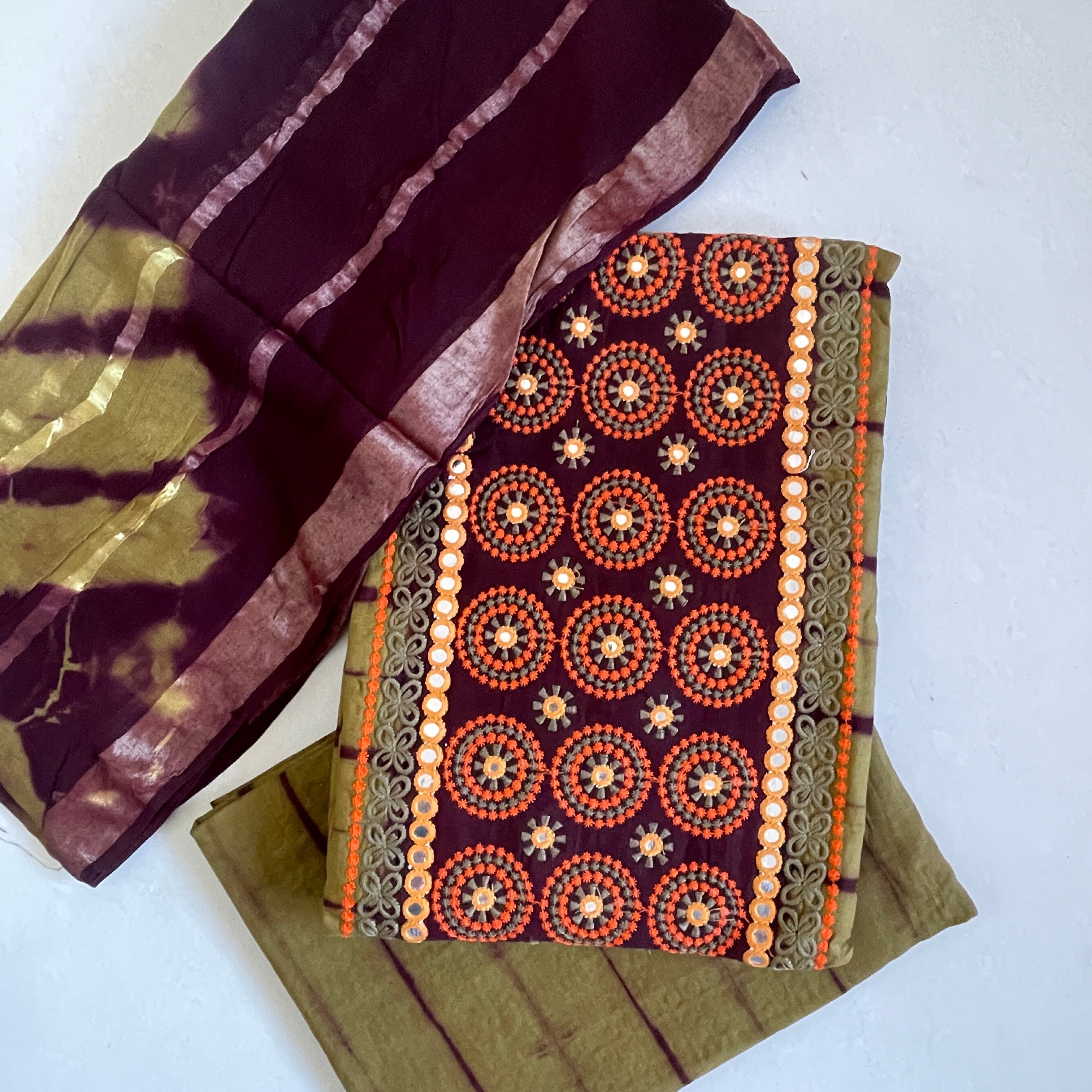 Pure Cotton Tie and Dye Technique and embroidery Bandhani Contrast Salwar suit fabric - Multicolour