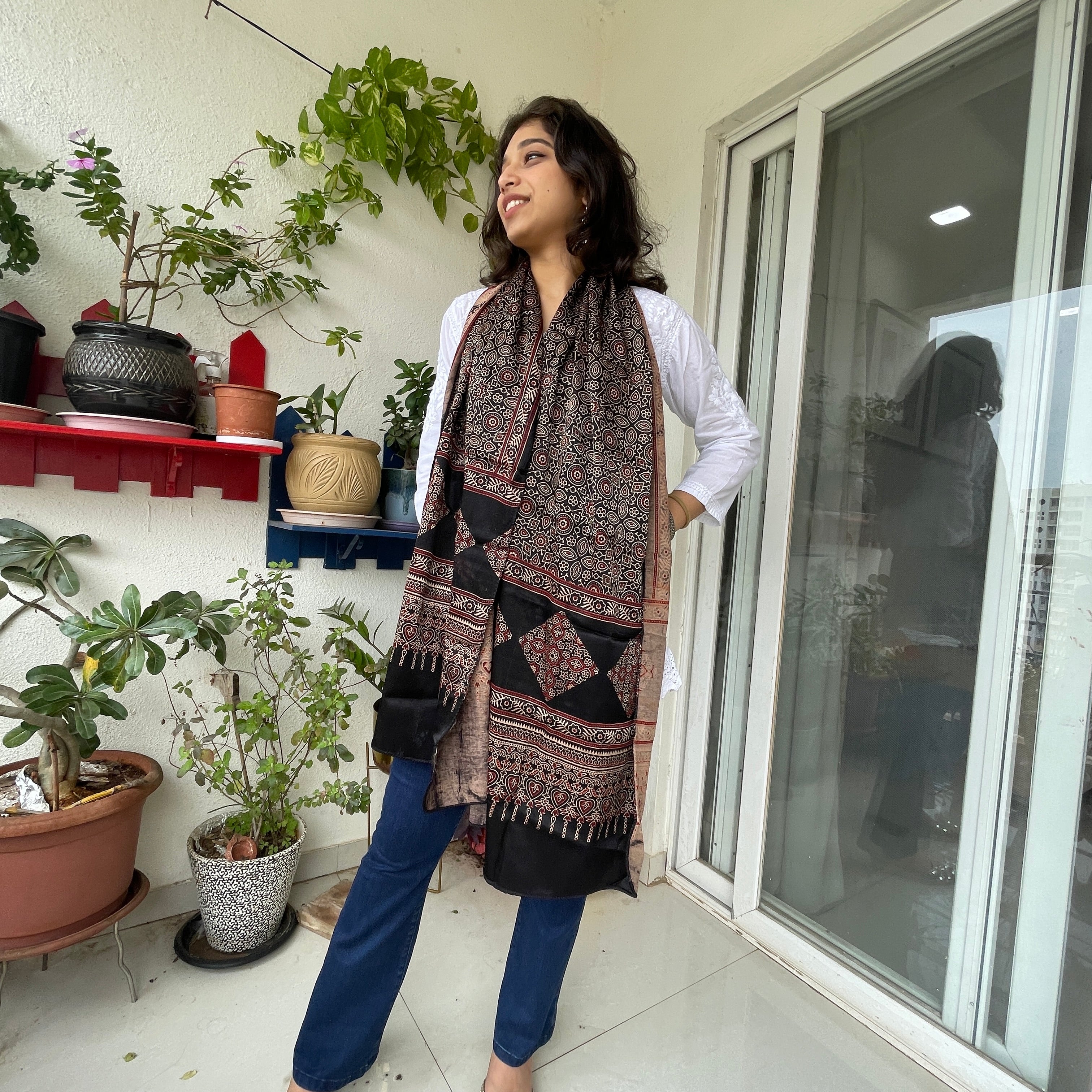 Mashru Silk Ajrakh Print Stole - Black