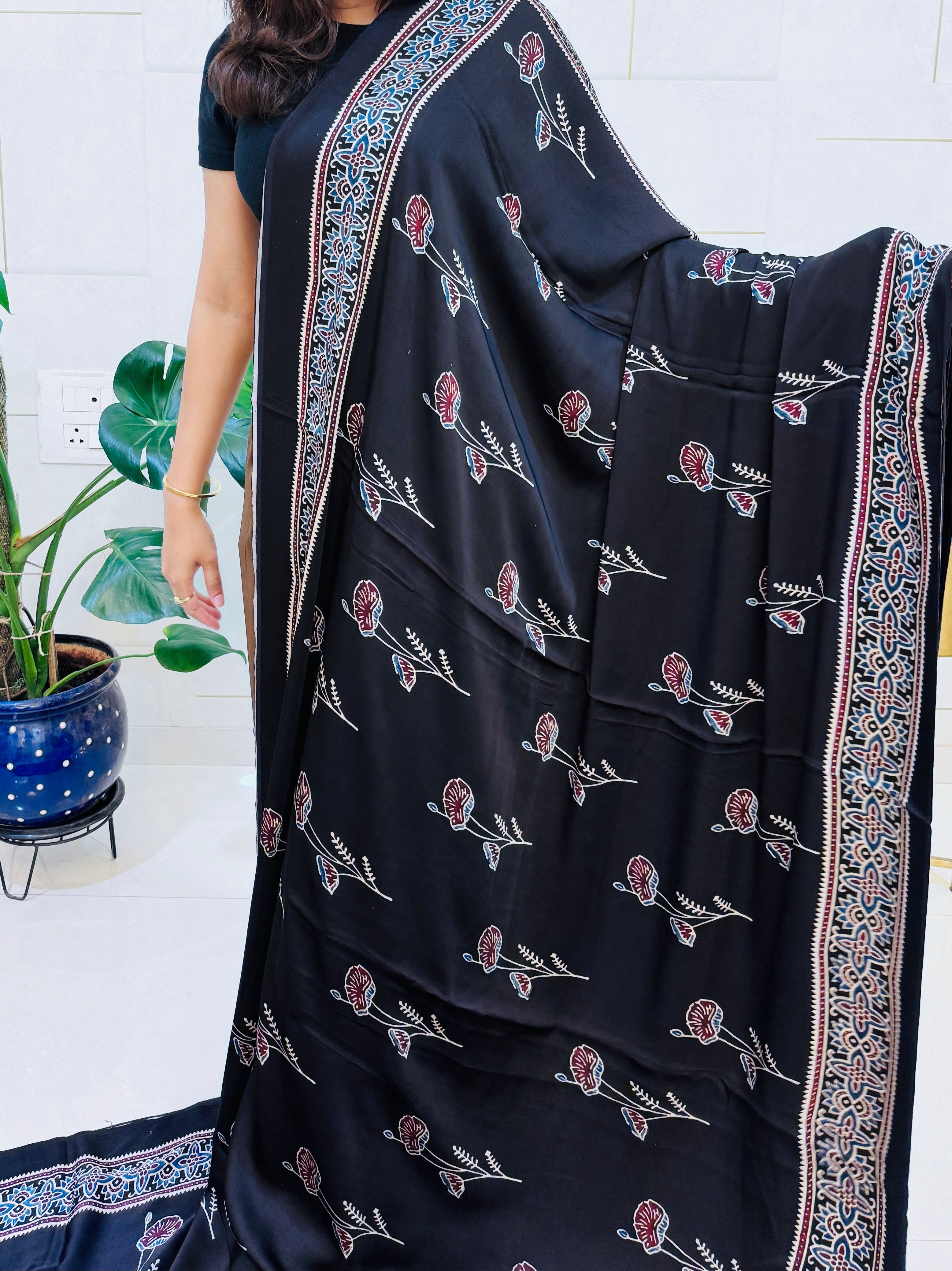 Modal Silk Ajrakh Saree With Natural Dyes - Black