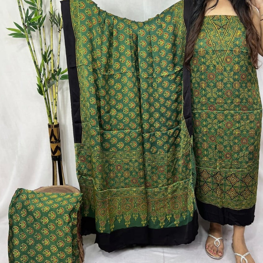 Pure modal silk hand block Ajrakh 3 suit material - Green with different hand block prints