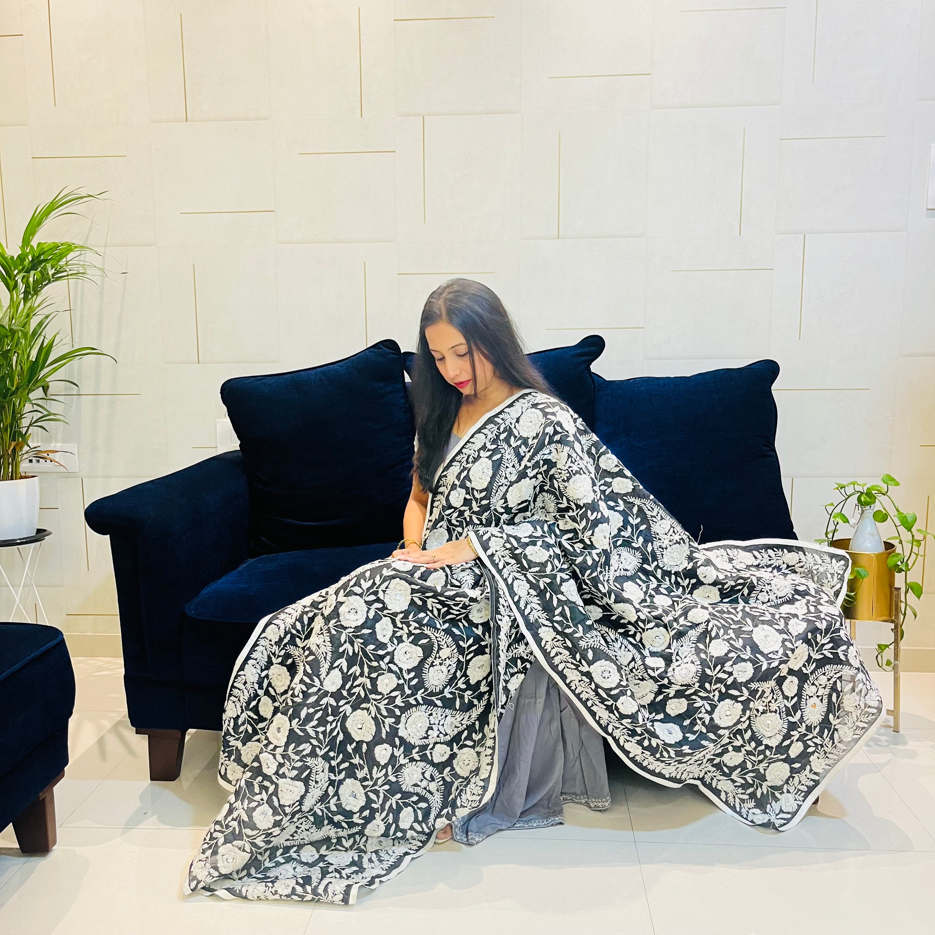 Hand-Embroidered Chanderi Dupatta- Black