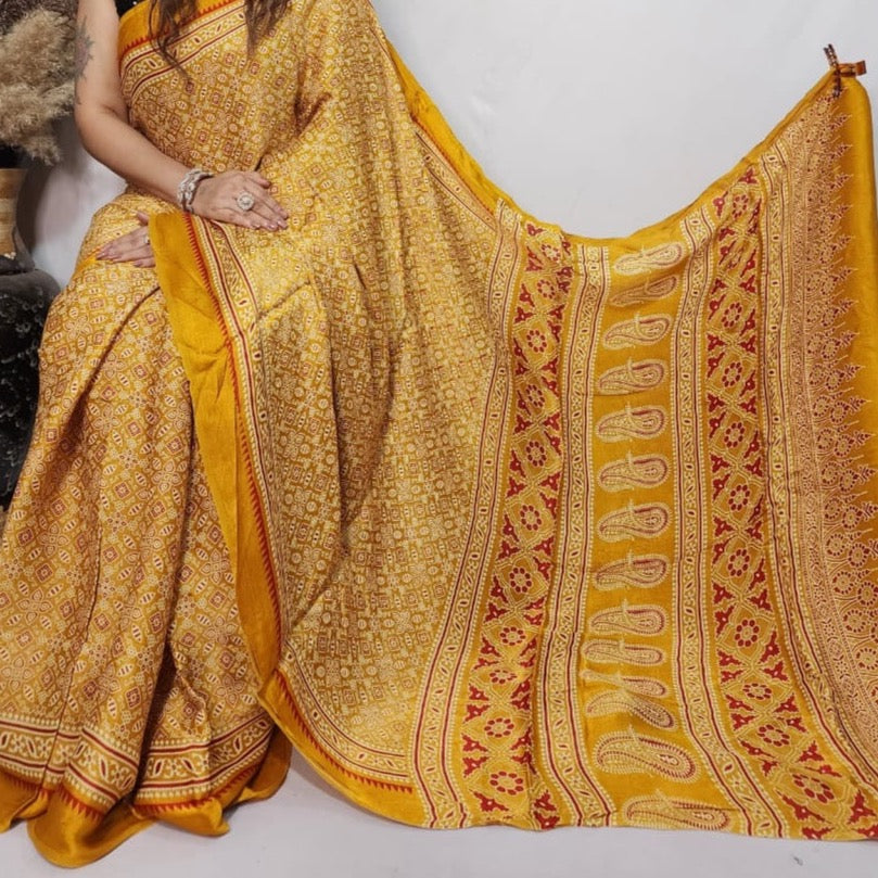 Modal Silk Mashroo Mix Ajrakh Saree With Mashroo Mix - Red
