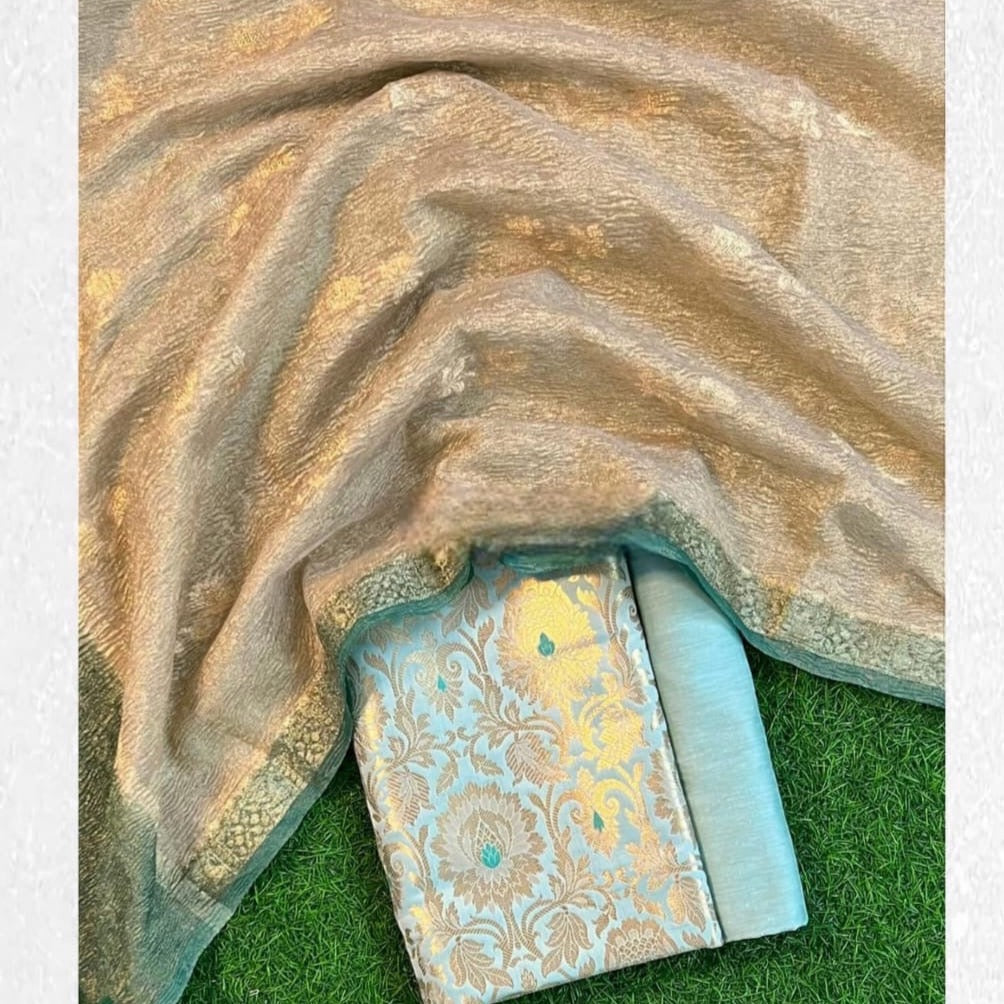 Banarasi Katan Silk With Tissue Unstitched Salwar Suit Fabric With Kimkhab Jari- Pink, Blue