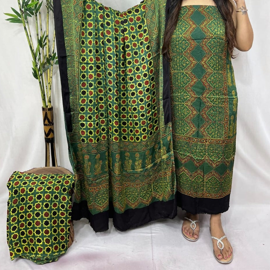 Pure modal silk hand block Ajrakh 3 suit material - Green with different hand block prints